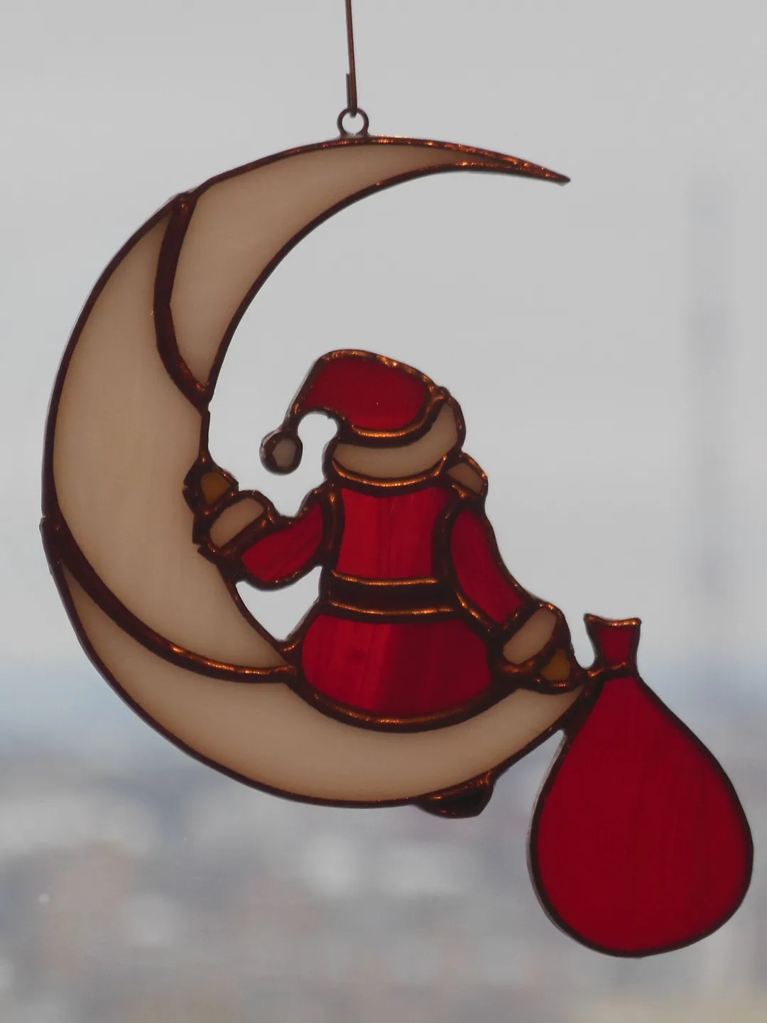 Santa Claus on the Moon . Idea for Christmas gift . Art stained glass window hanging Suncatcher , suspension Suncatcher . Red and White