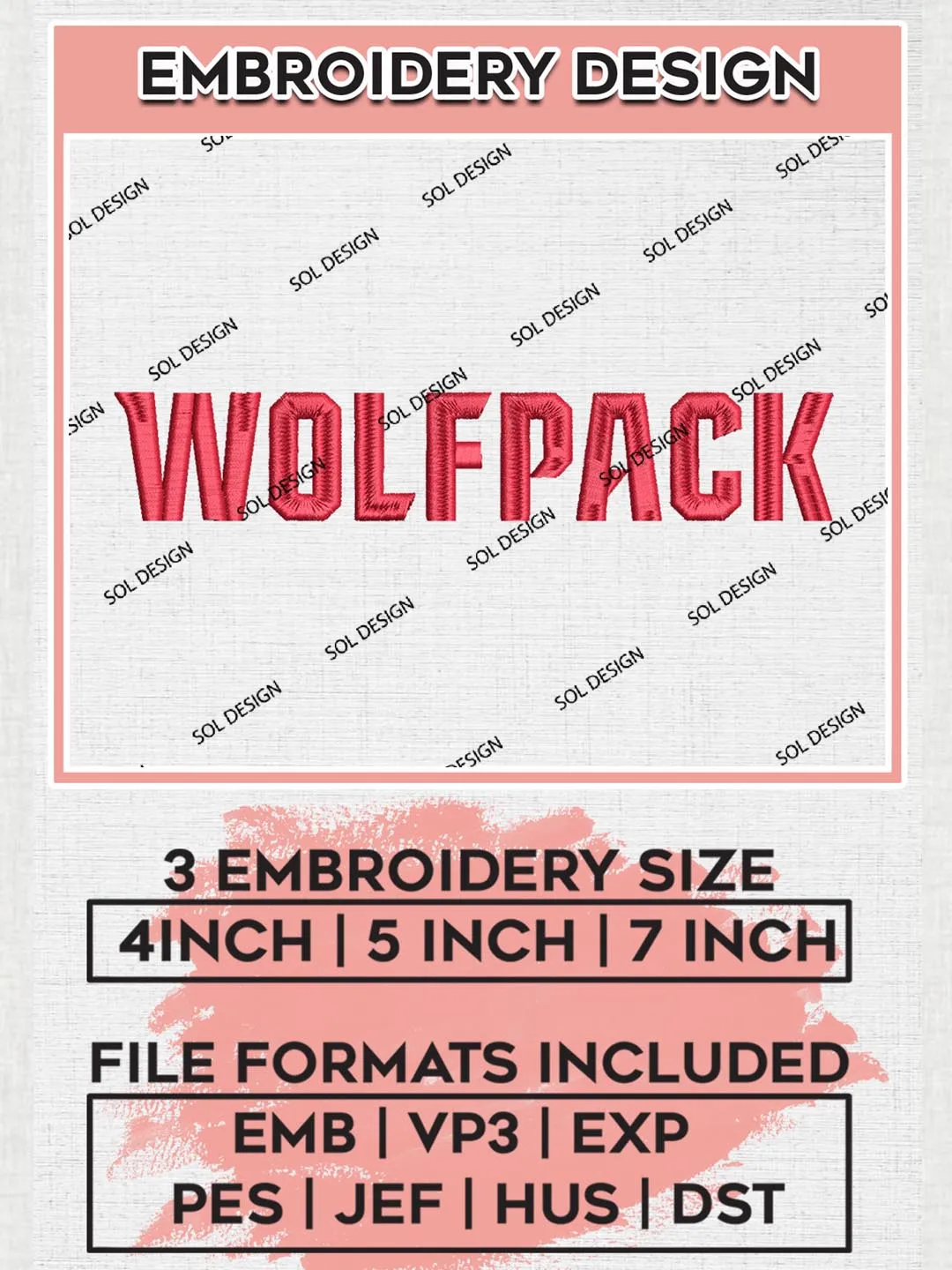 NCAA Wolfpack Team Word Logo Embroidery Design Files, NCAA NC State Wolfpack Machine Embroidery, NCAA Teams, 3 sizes, NCAA Machine embroidery designs, Digital Download
