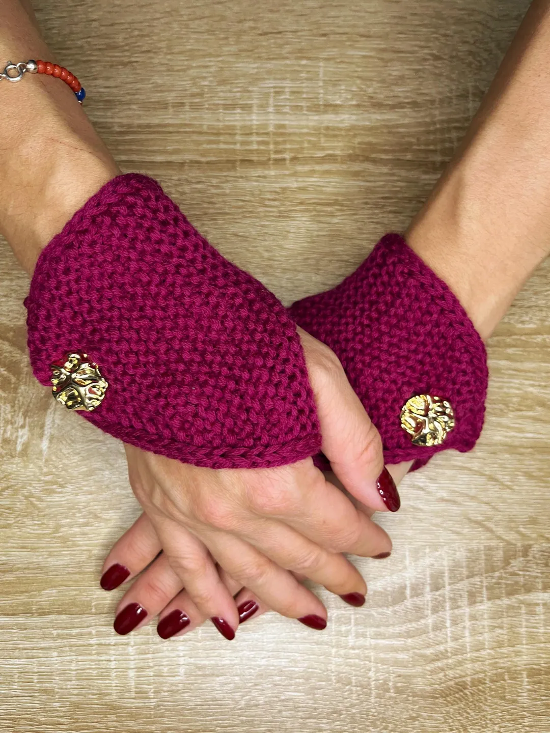 Fuchsia Merino Wool Fingerless Gloves Gold Buttons Pink Wrist Warmers Soft Knit Mittens Hand Knitted Texting Gloves Gift Handmade Belgium