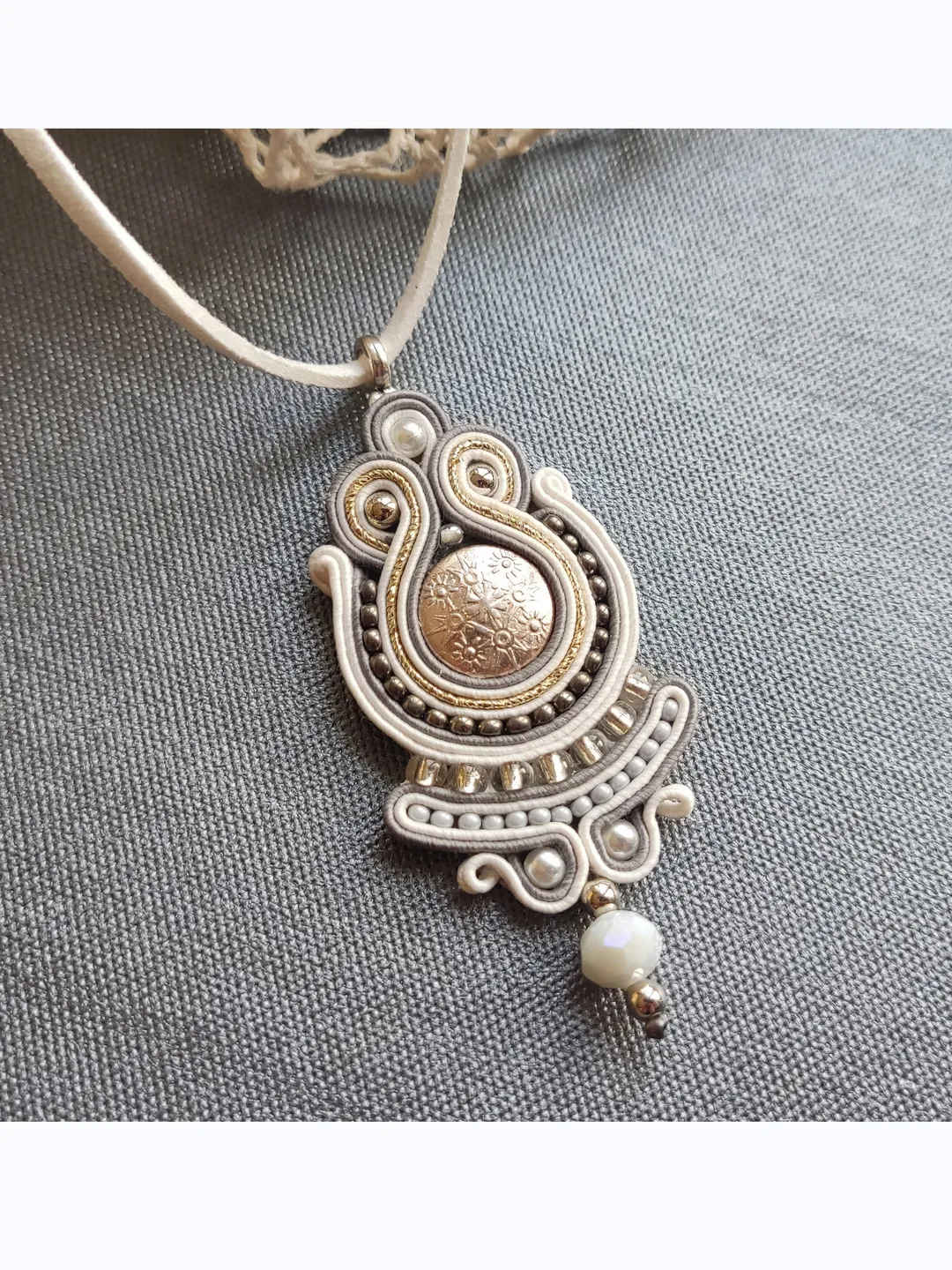 White necklace, Boho pendant, Embroidered necklace, Ethnic necklace, Soutache