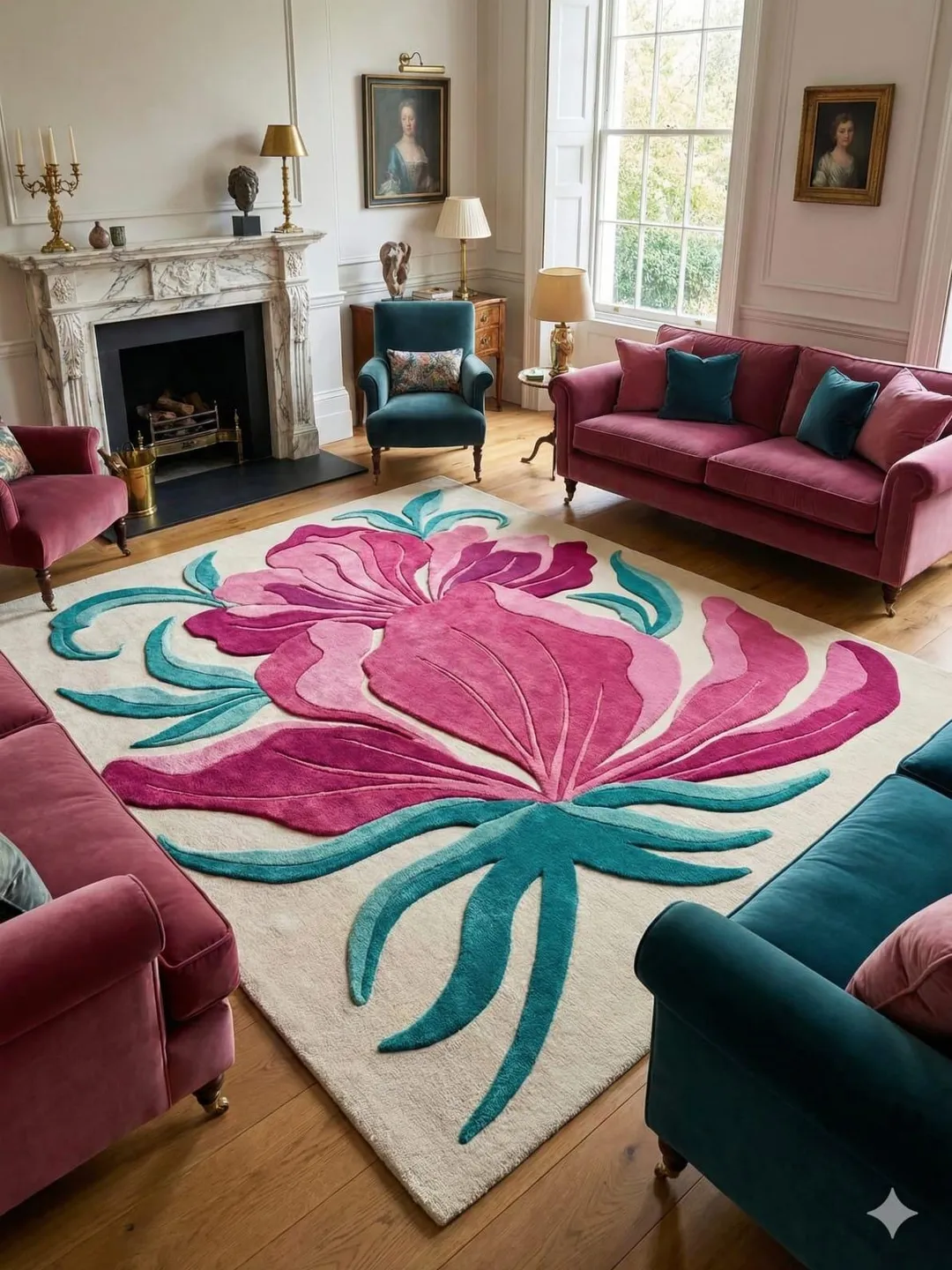 Handmade Tufted Rug, Large Pink & Teal Floral Area Rug, Modern Statement Piece, Artisan Wool Home Decor