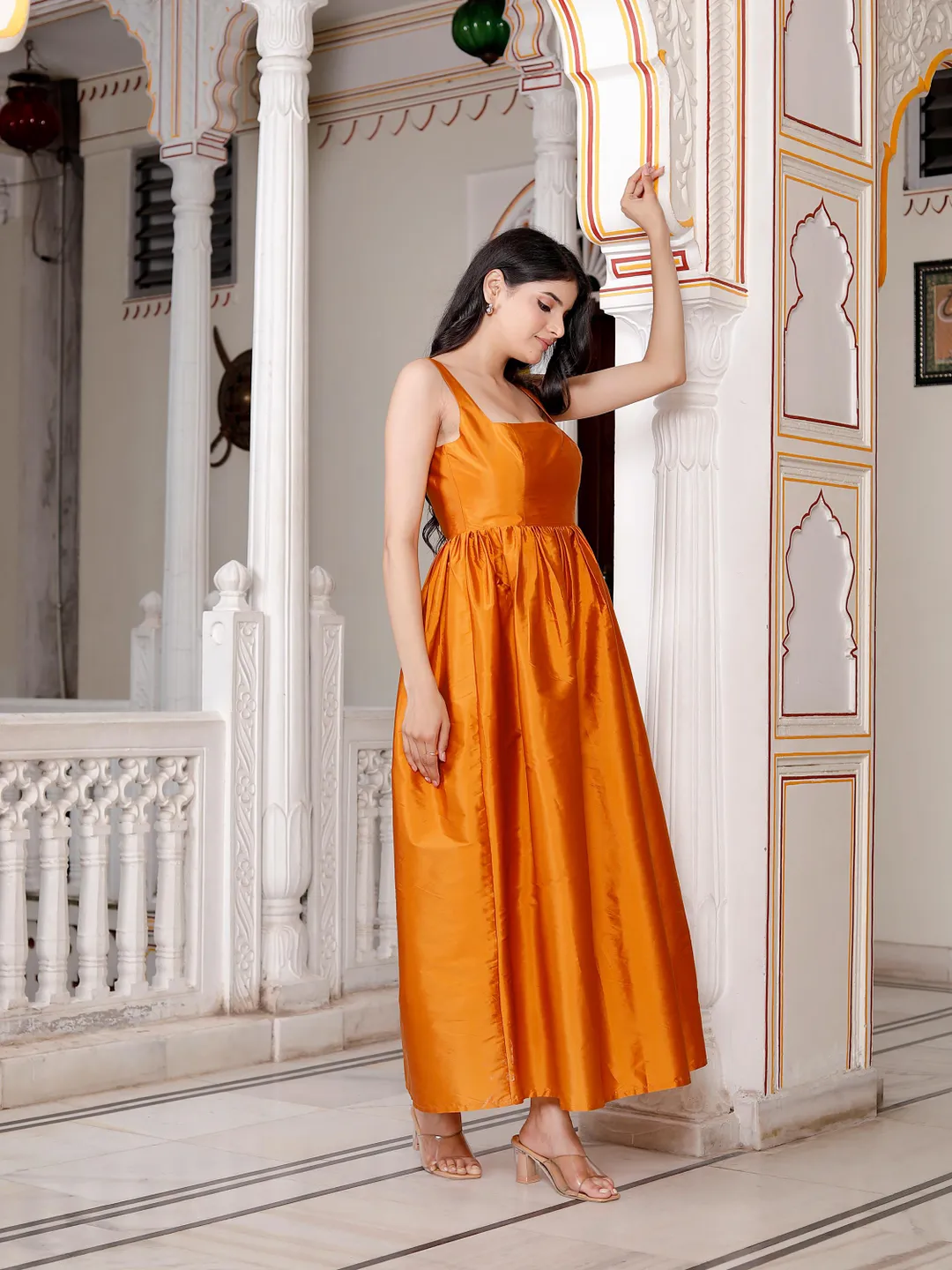 burnt orange taffeta dress Piping Detailed Double-Side Taffeta gown GRAY