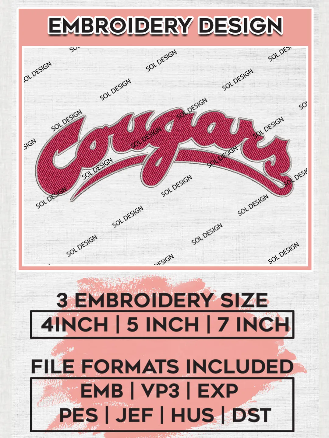 NCAA Cougars Football Team Word Logo Embroidery Design Files, NCAA Washington State Cougars Machine Embroidery, NCAA Teams, Game Day, 3 sizes, NCAA Machine embroidery designs, Digital Download