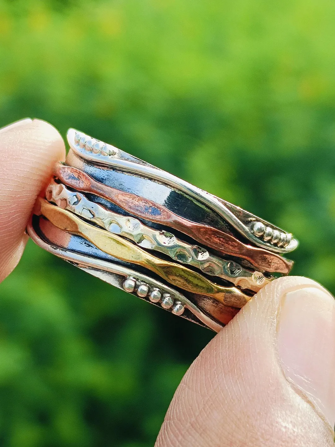 Solid 925 Sterling Silver Copper Meditation Statement Spinner Ring