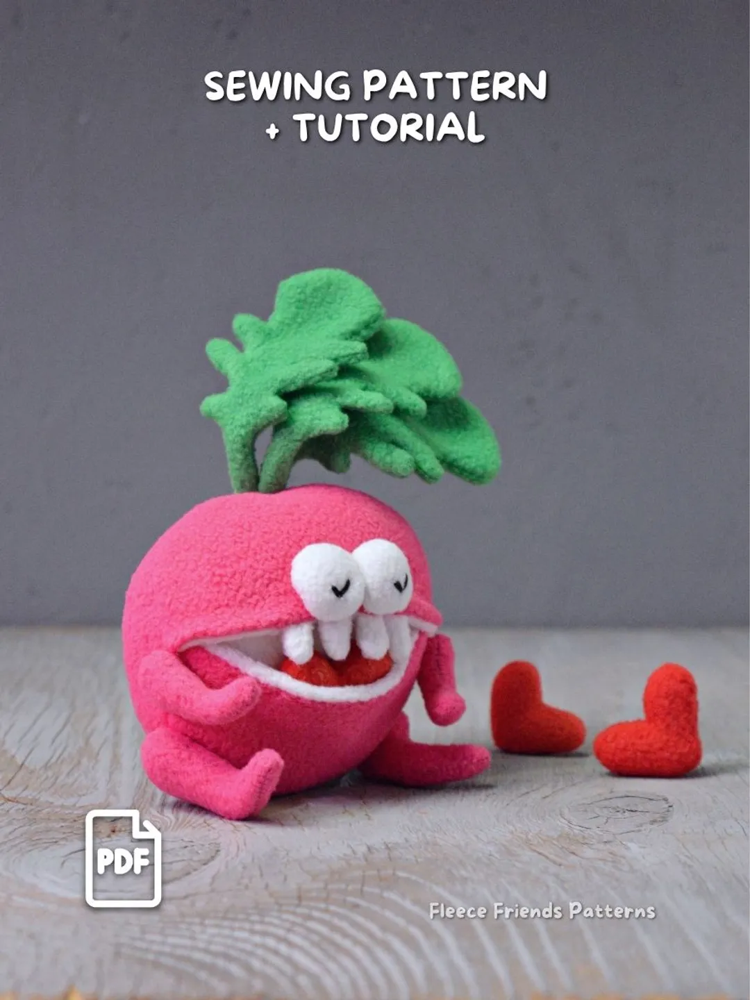 Radish Monster Sewing Pattern PDF, Veggie Plush Toy with Secret Mouth Pocket, Easy Beginner Tutorial