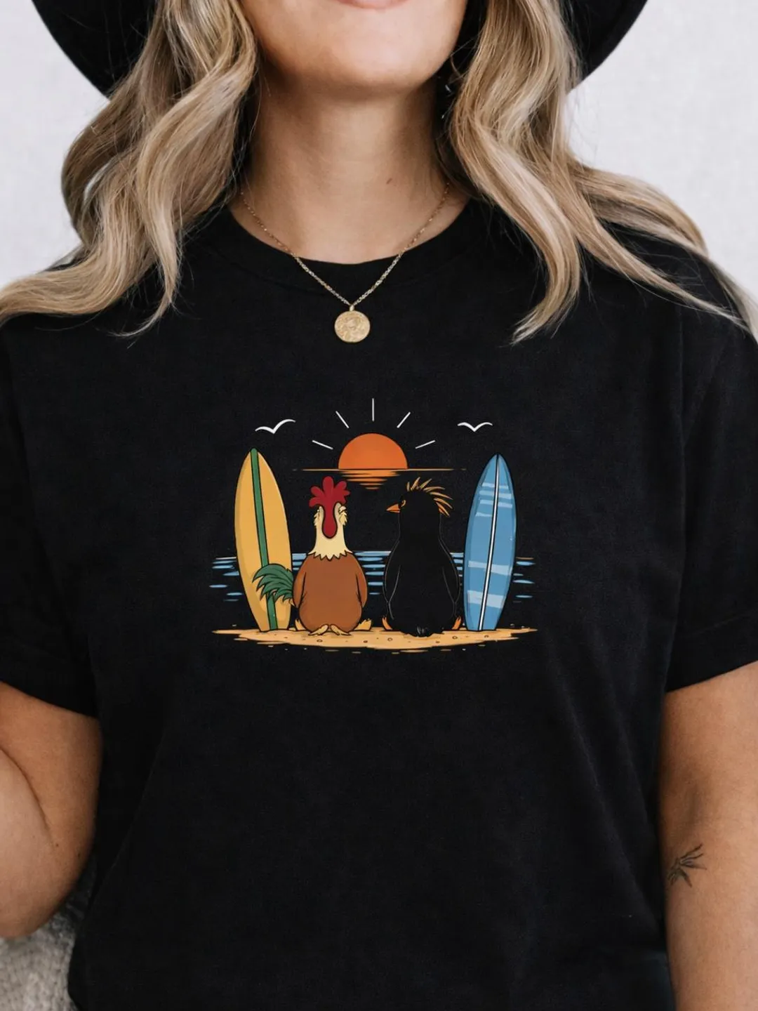 Chicken Penguin Surfing Beach Sunset Tee, Summer Animal Surf Shirt
