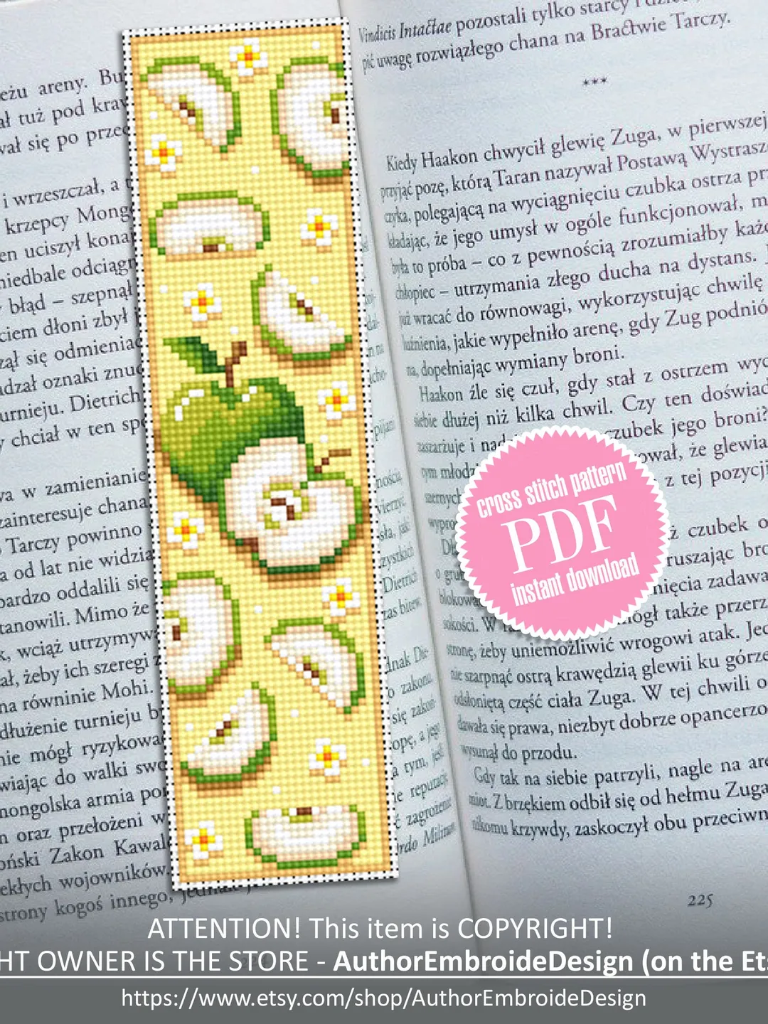 Fruit bookmark cross stitch pattern PDF download Green apple cross stitch chart, Digital bookmark pattern, Small flowers cross stitch #B140