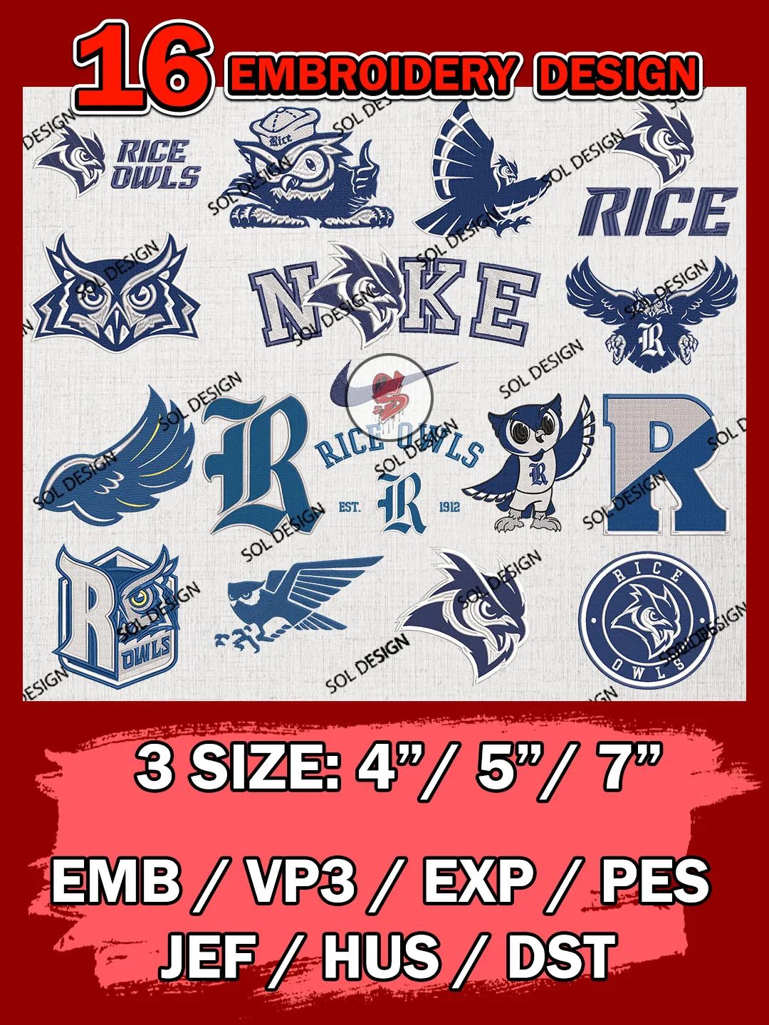 16 NCAA Rice Owls Bundle Embroidery Files, NCAA Rice Owls Team Bundle Embroidery Designs, NCAA Teams, National College Football Team 3 sizes, NCAA Rice Owls Machine Embroidery, Digital Download