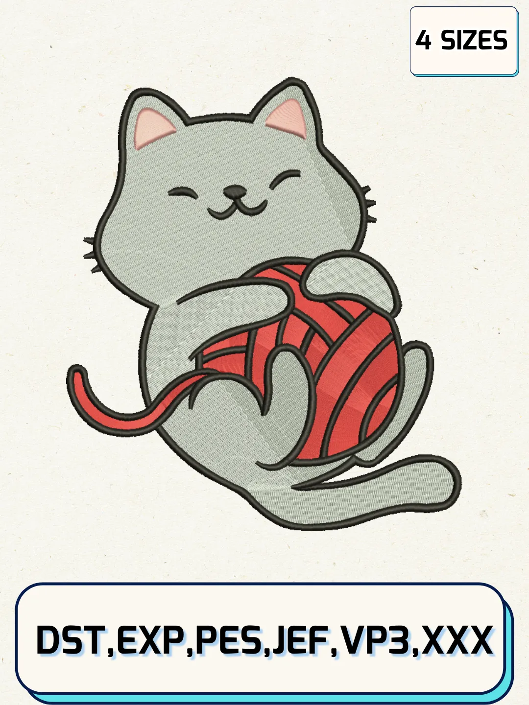 Cat With Yarn Embroidery Design Files, Animal Logos Embroidery Designs, Machine Embroidery Files, 4 Sizes