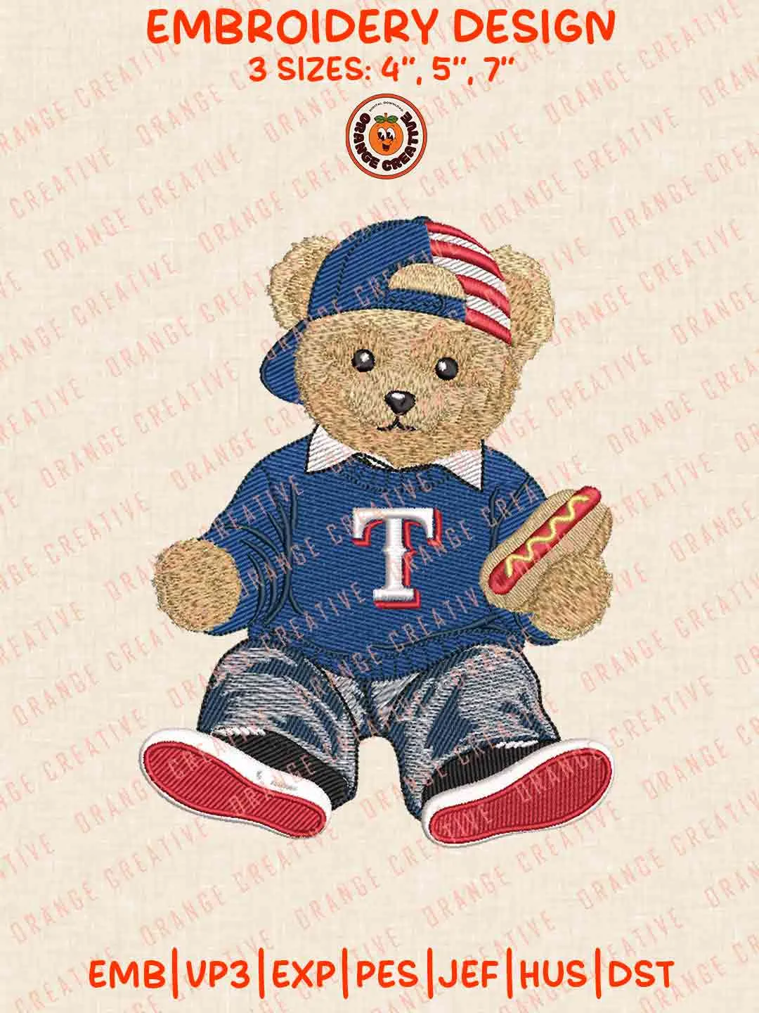 MLB Texas Rangers Teddy Bear Hot Dog Embroidery Files, MLB Rangers Embroidery Design, Machine Embroidery Design File, 4 Sizes, Custom Size, Digital Download