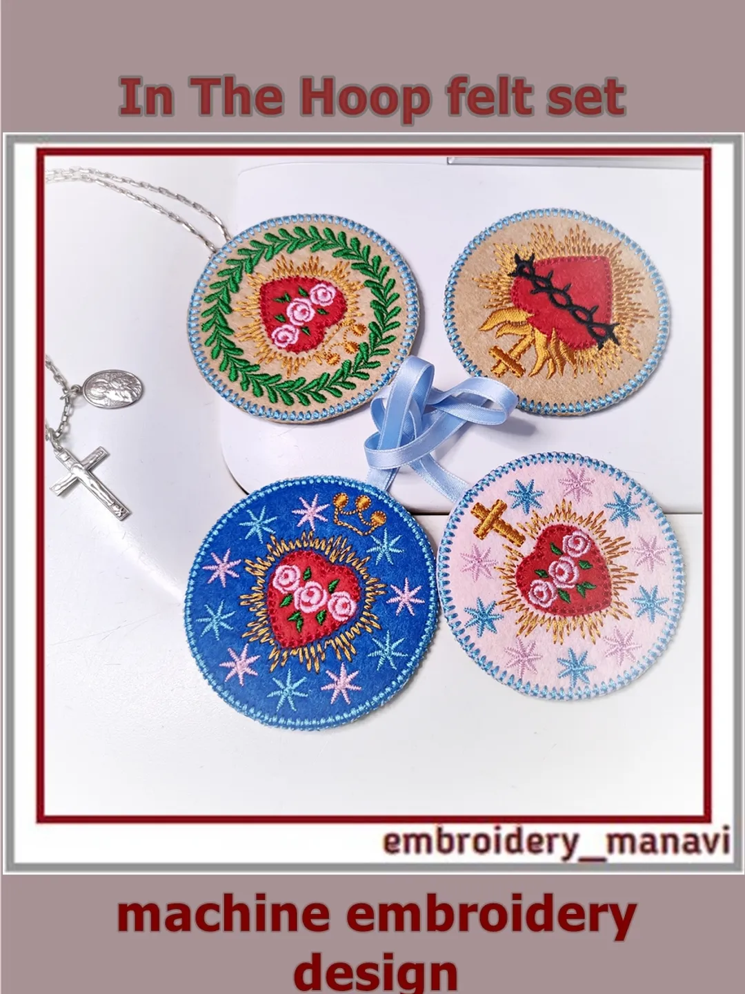 ITH felt embroidery design set – Christian Immaculate / Sorrowful Heart with cross, flame, stars and thorns – 4 devotional medals