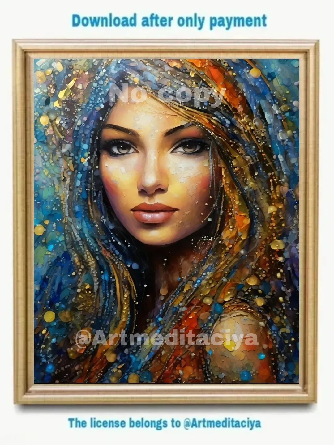 Digital abstract textural modern painting "Beauty from an Oriental fairy tale". An image of the texture of a gray-brown-eyed girl with long hair in an abstract multicolored form in the style of oil painting with a mix of zenart and pointillism