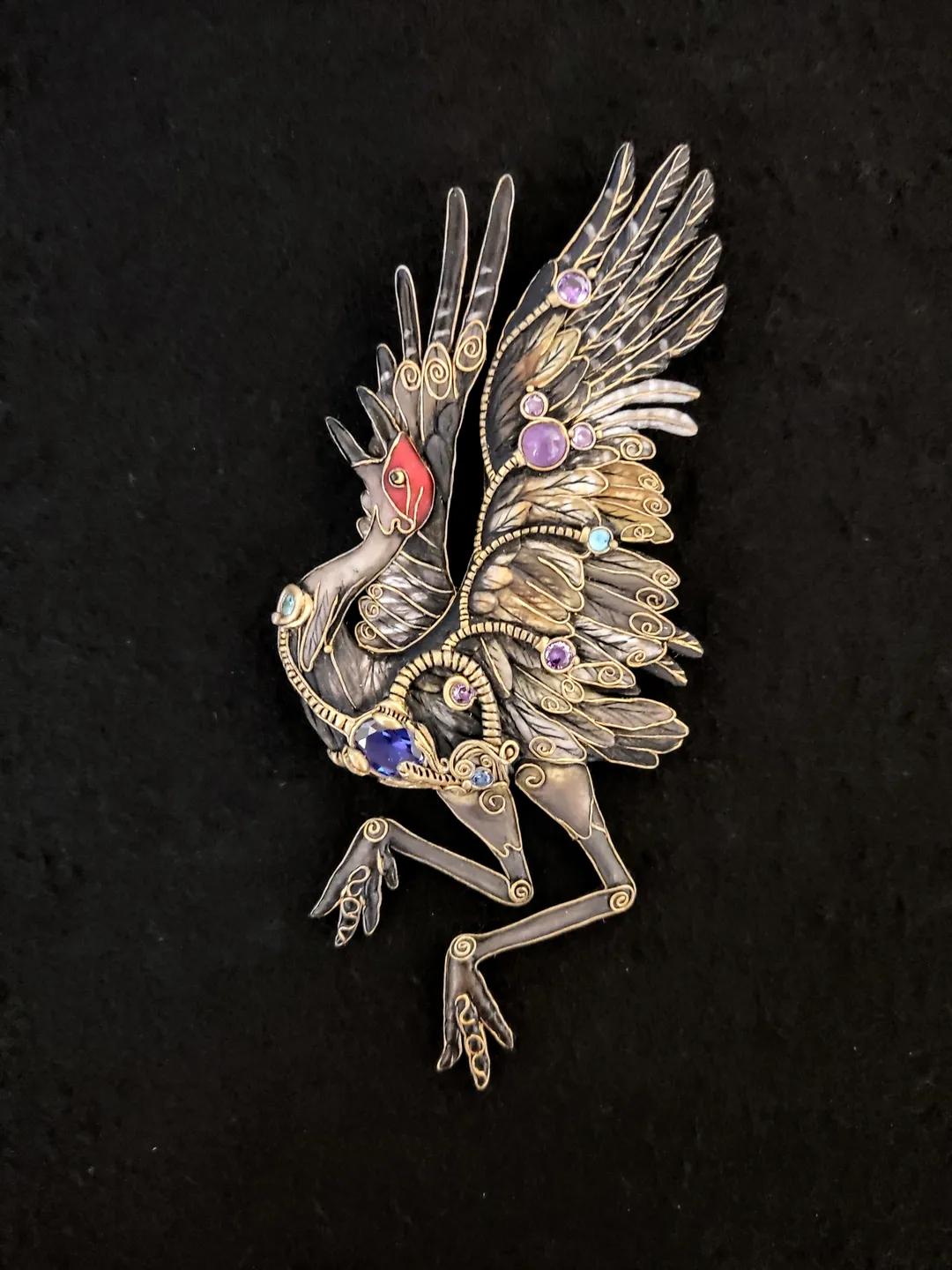 Dancing Crane brooch, bird brooch, crane, bird jewelry, brooch with stones