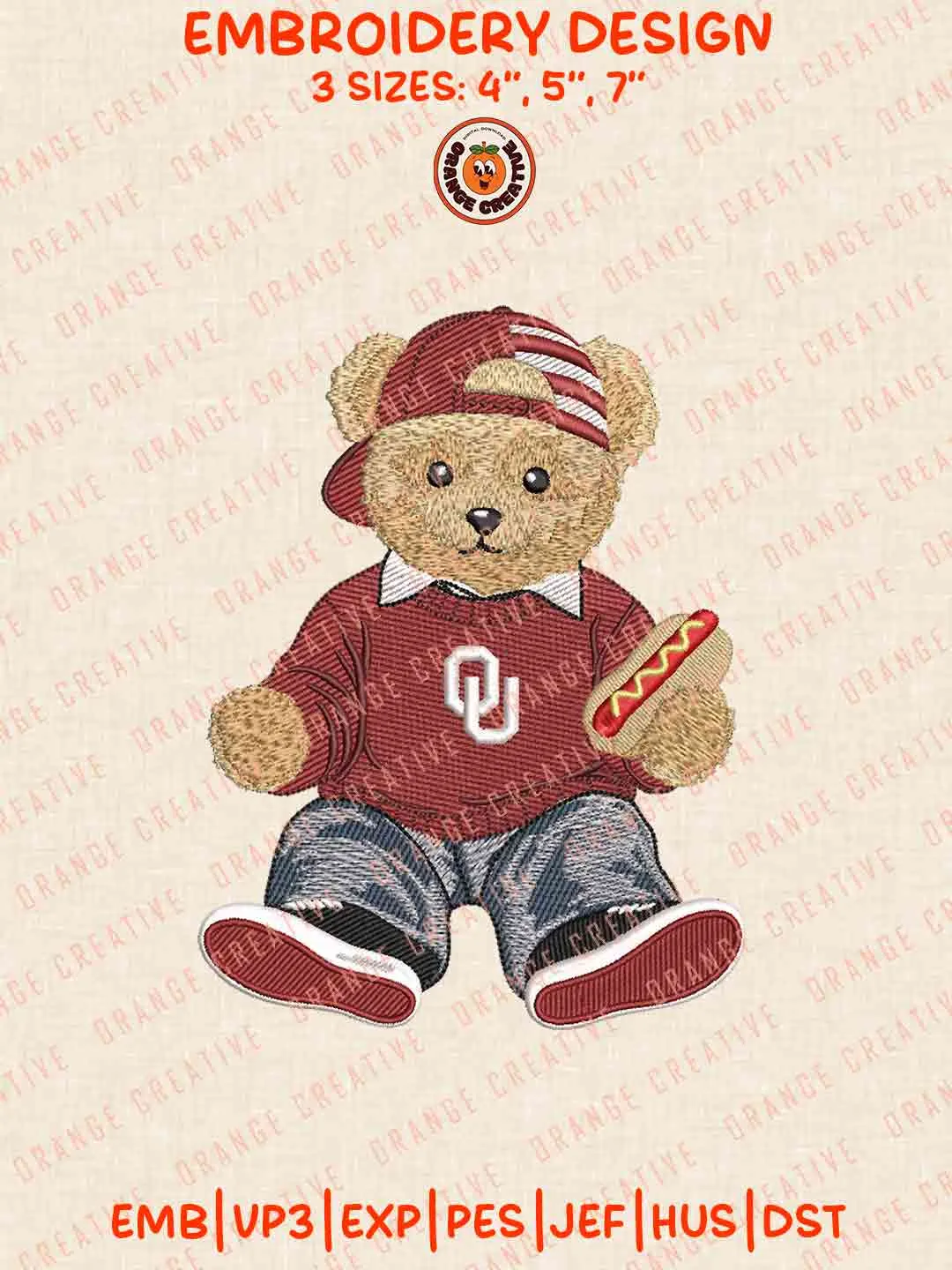 Oklahoma Sooner Teddy Bear Embroidery Files, Football Embroidery Designs, College Sport Machine Embroidery Files, 3 Sizes, Custom Sizes, Instant Download