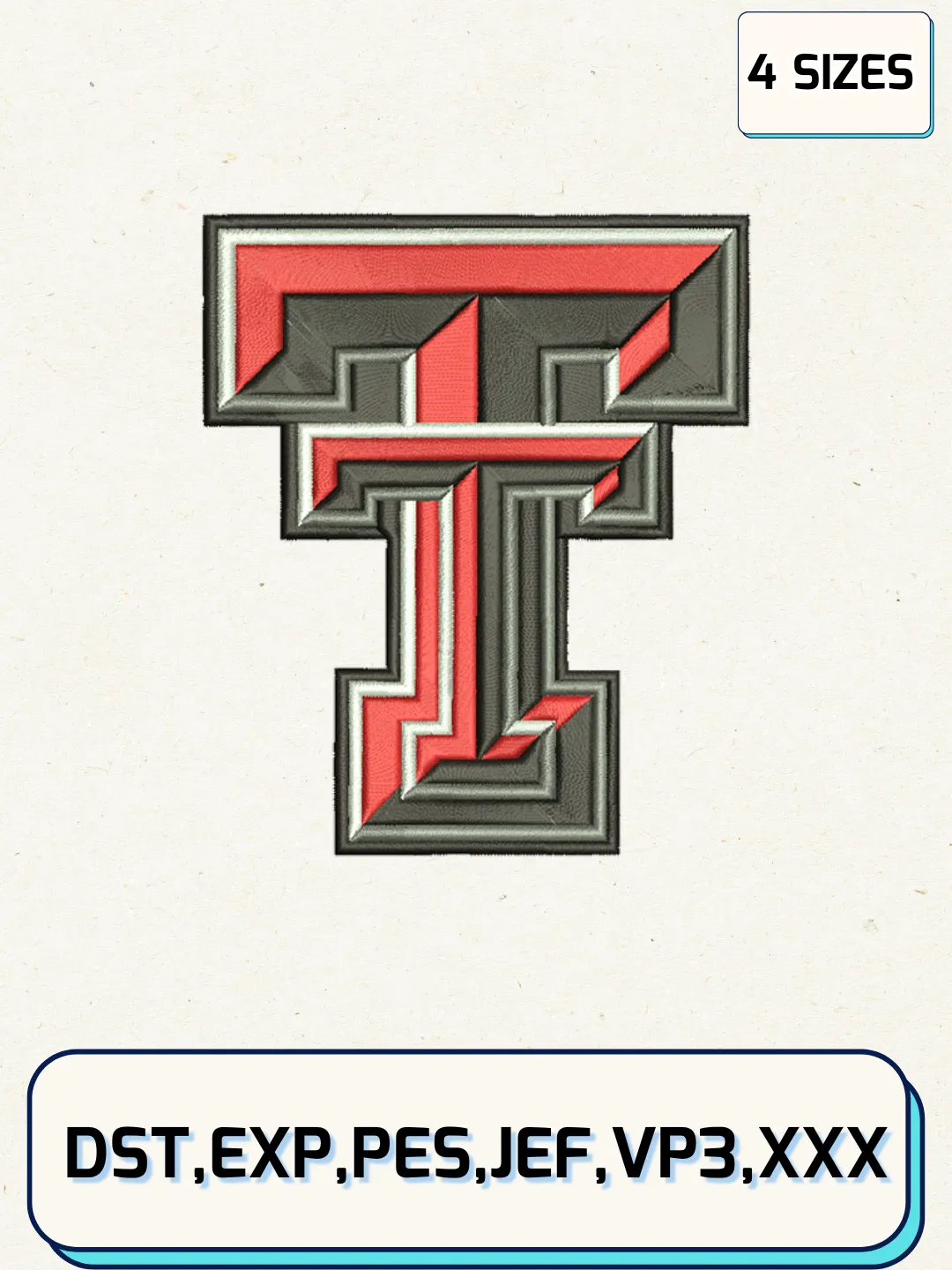 Texas Tech Red Raiders Embroidery Design Files, NCAA Logos Embroidery Designs, Machine Embroidery Files, 4 Sizes