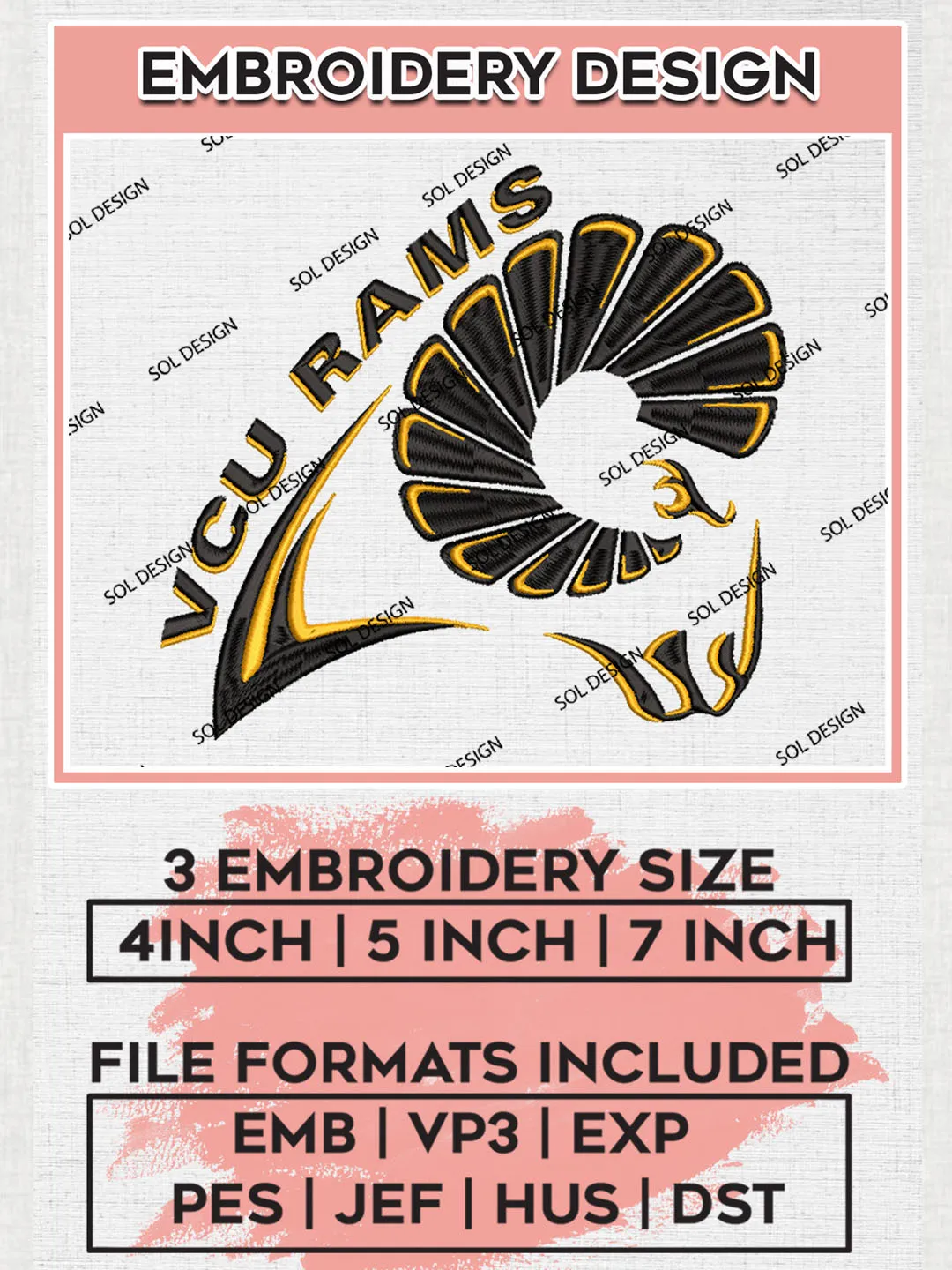 VCU Rams College Football Team Mascot Logo Embroidery Design Files ...
