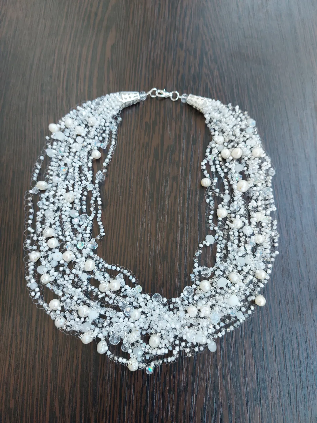 White small delicate airy layered beaded necklace with pearls