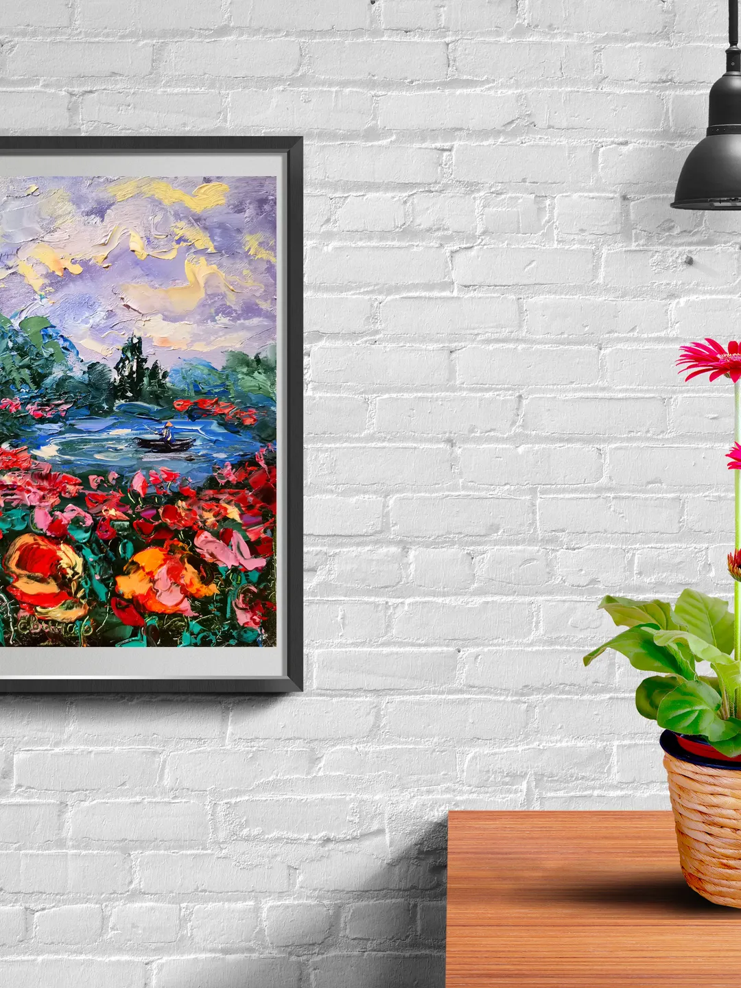 Bright Poppies Lake Boat Sunset Impasto Oil Painting Flowers Original Artist Svinar Oksana