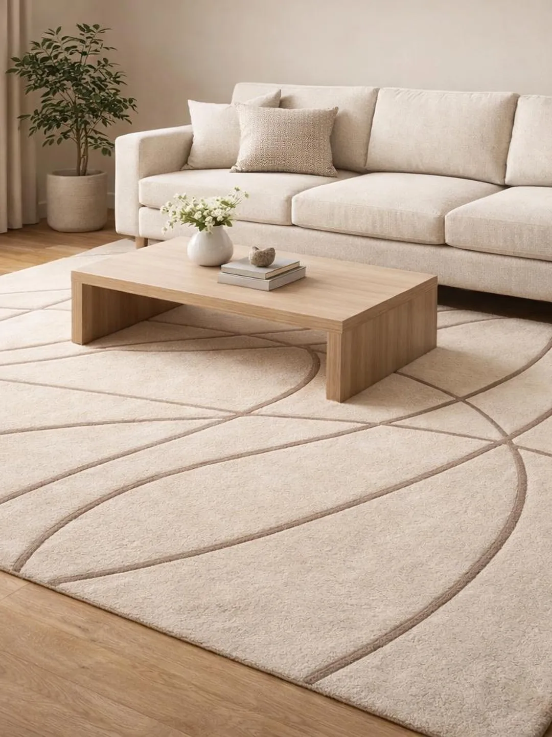 Abstract Beige Area Rug with Curved Line Pattern Neutral Modern Decor