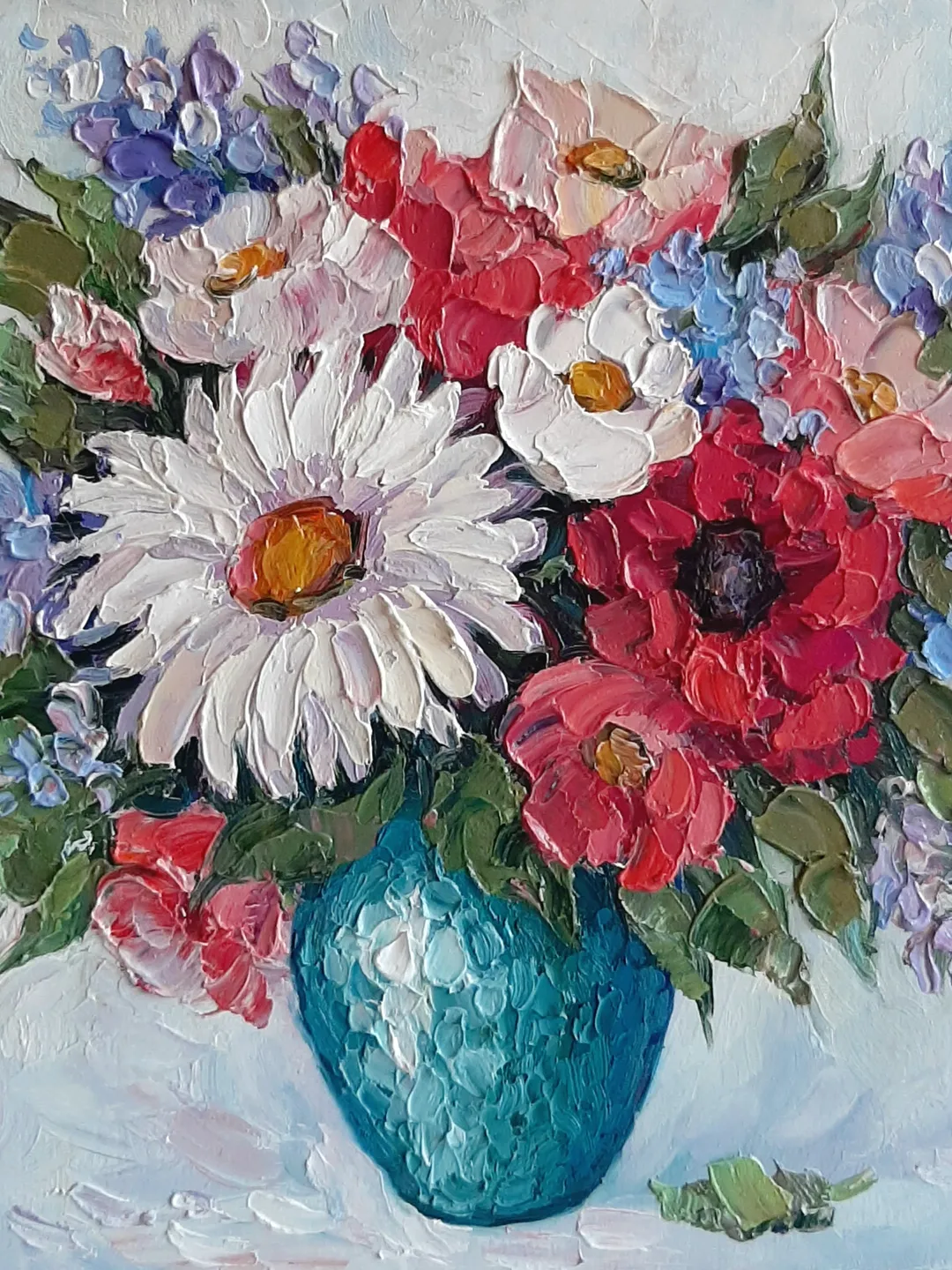 Flower oil painting Original art Pink flowers Vaze palette knife painting