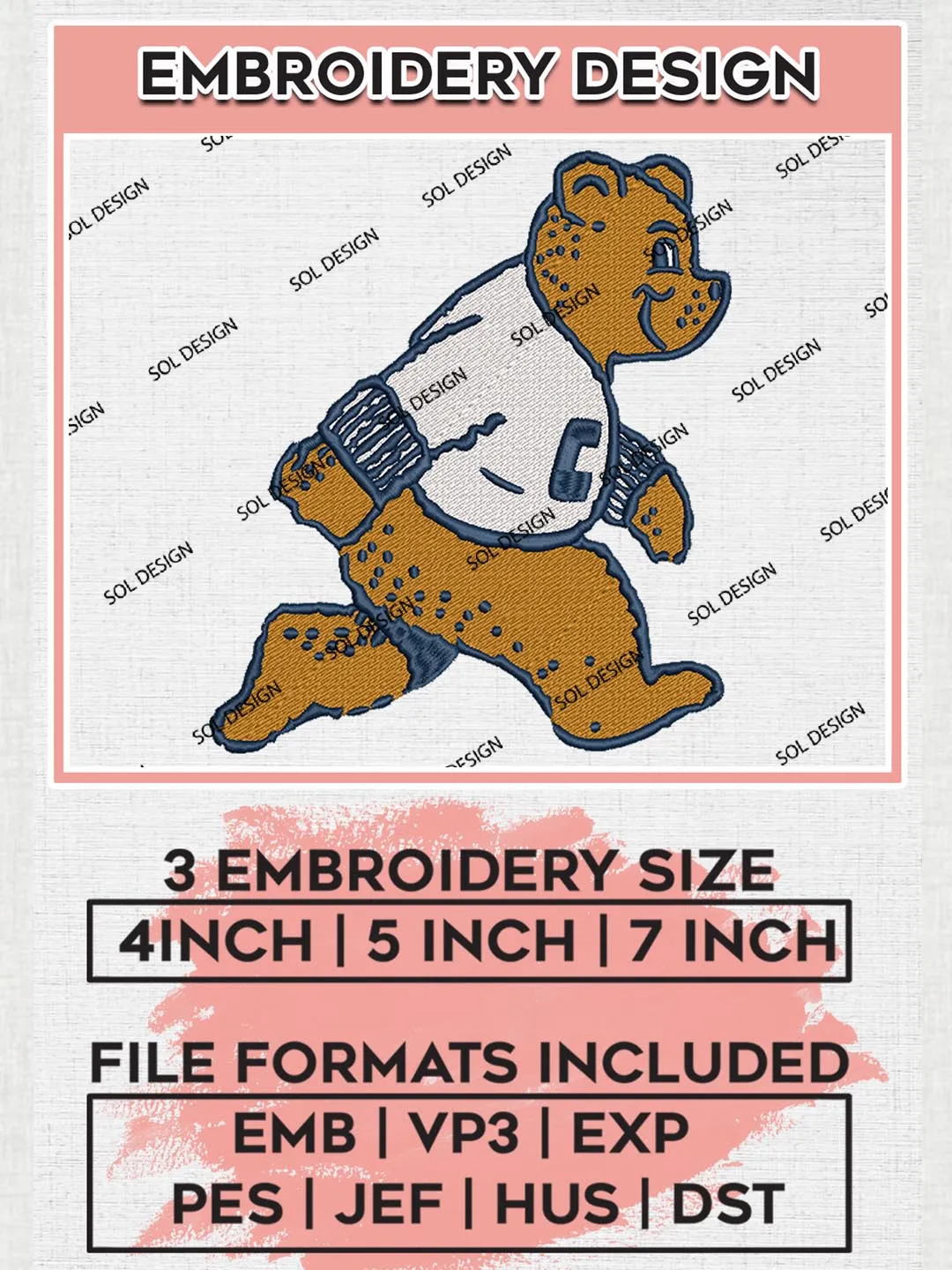 NCAA California Golden Bears Team Mascot Logo Embroidery Design Files, NCAA California Golden Bears Machine Embroidery, NCAA Teams, 3 sizes, NCAA Machine embroidery designs, Digital Download