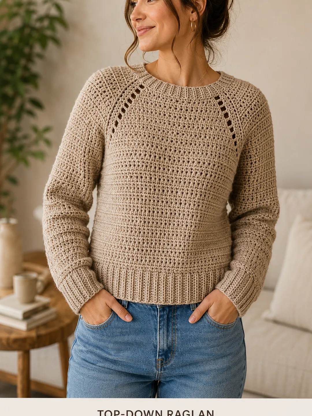 Top-Down Raglan Crochet Sweater Pattern (XS–2XL) | Seamless