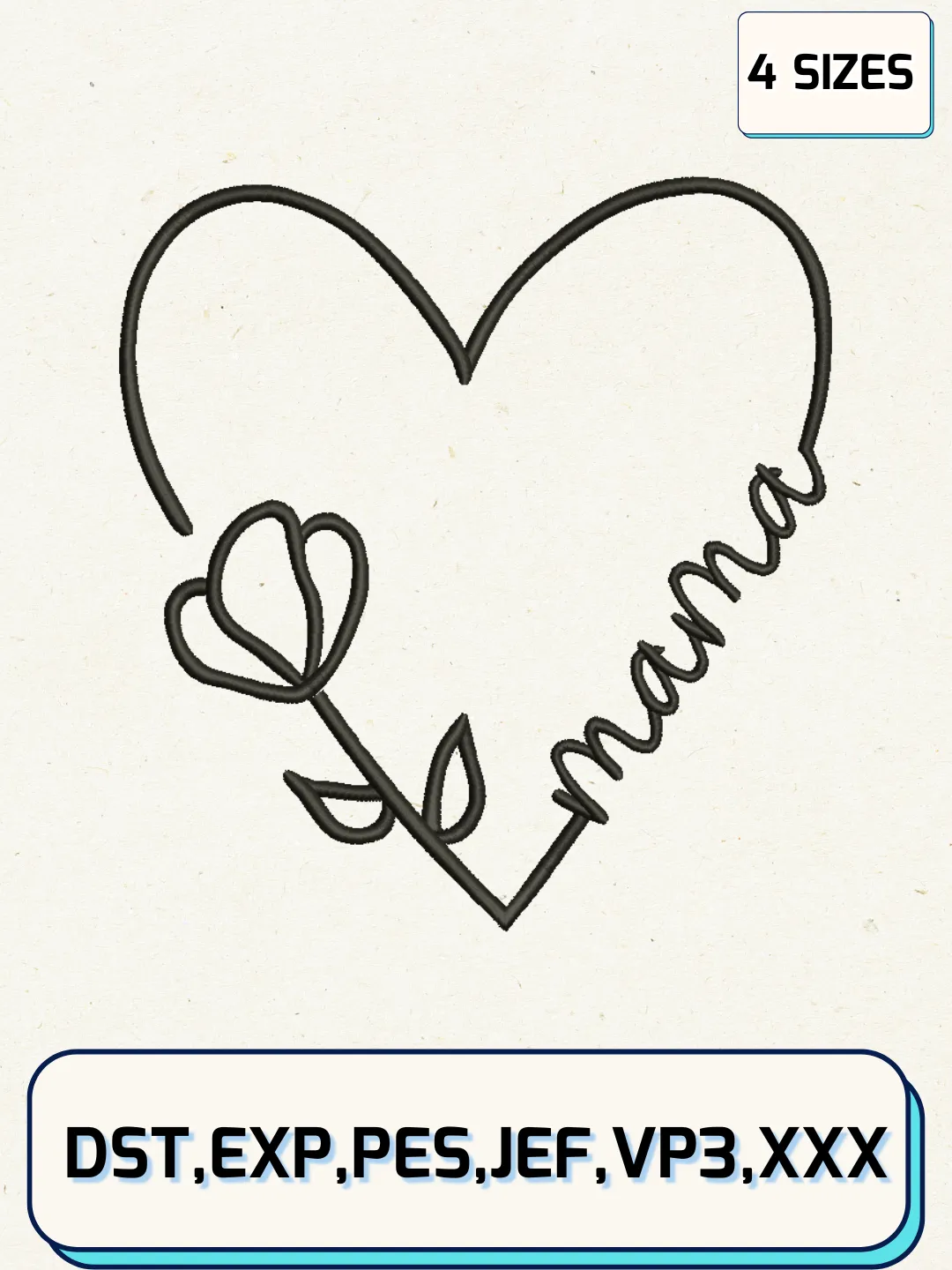 Mama Flower Heart Embroidery Design Files, Mother's Day Logos Embroidery Designs, Machine Embroidery Files, 4 Sizes