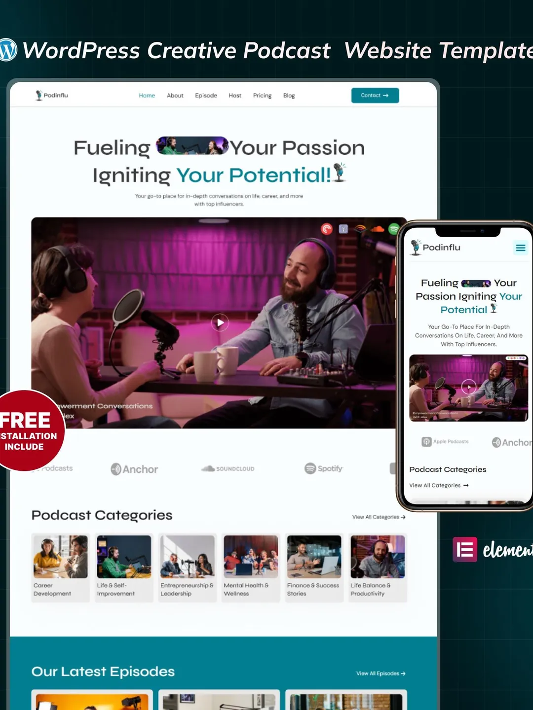 Podcast WordPress Elementor Template Kit | Audio Show, Media & Streaming Website Template