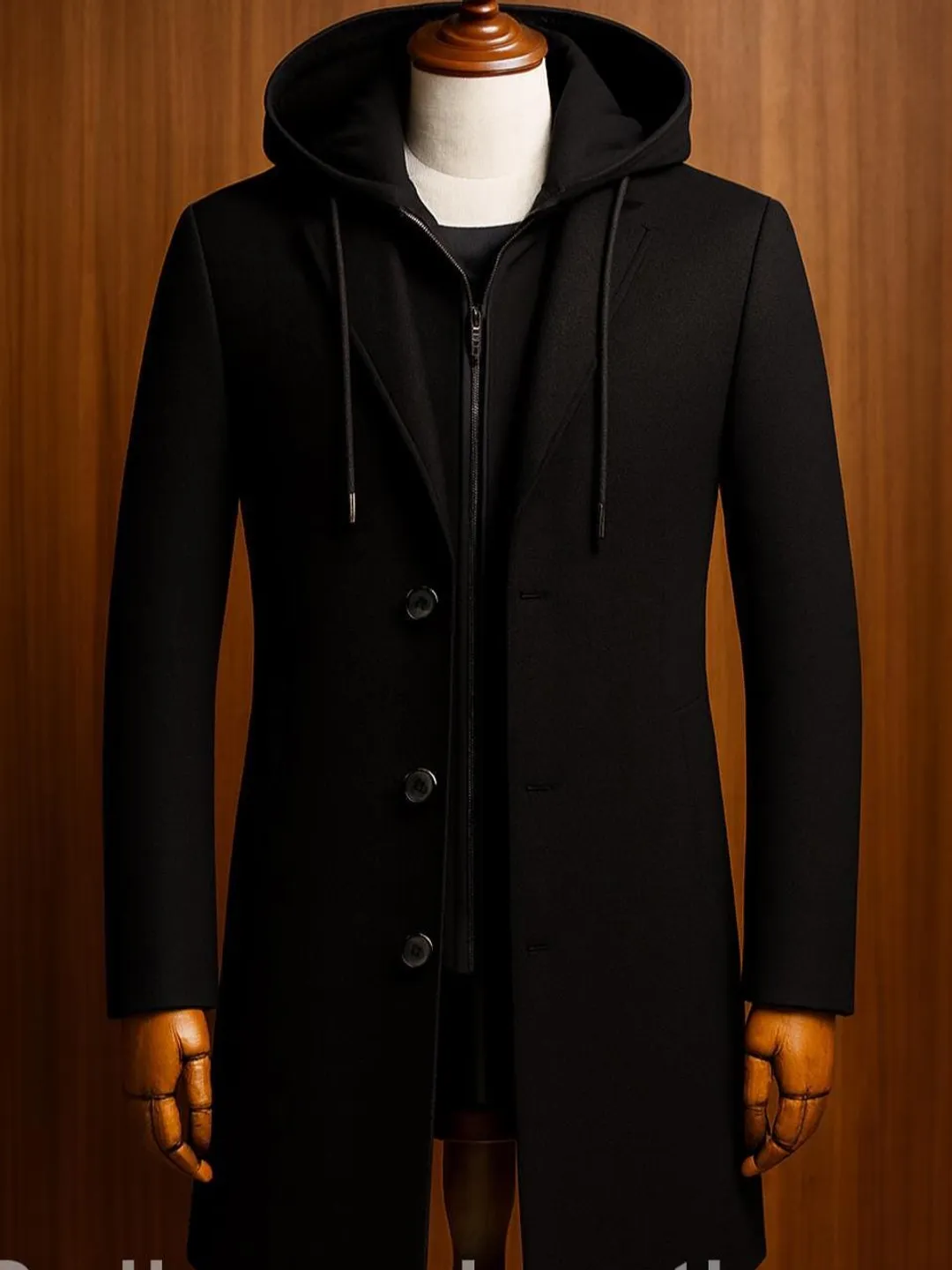 Men's Black Hooded Overcoat – Wool Winter Long Coat – Elegant