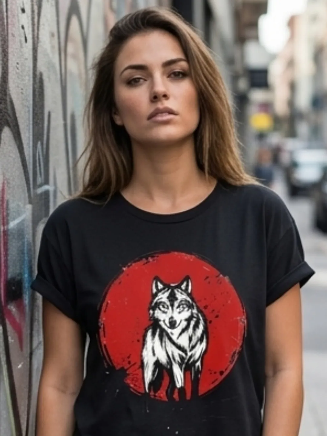 Vintage Japanese Wolf T-Shirt Design - Distressed Red Sun Urban Streetwear Graphic - High-Res Digital Download for DTG & Sublimation