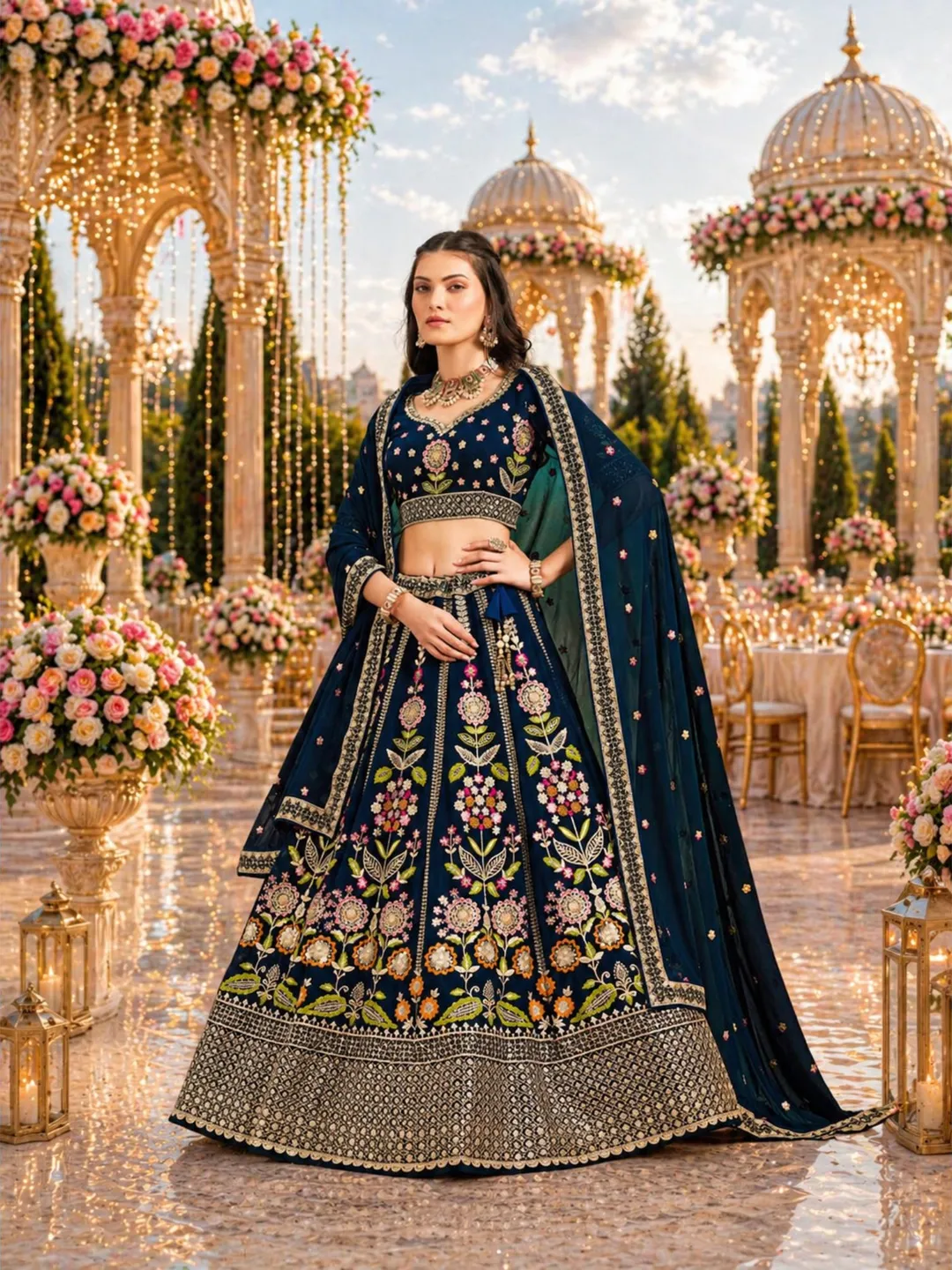 Blue Georgette Lehenga Choli For Women: Sequin Embroidery Indian Wedding Wear Ready To Wear