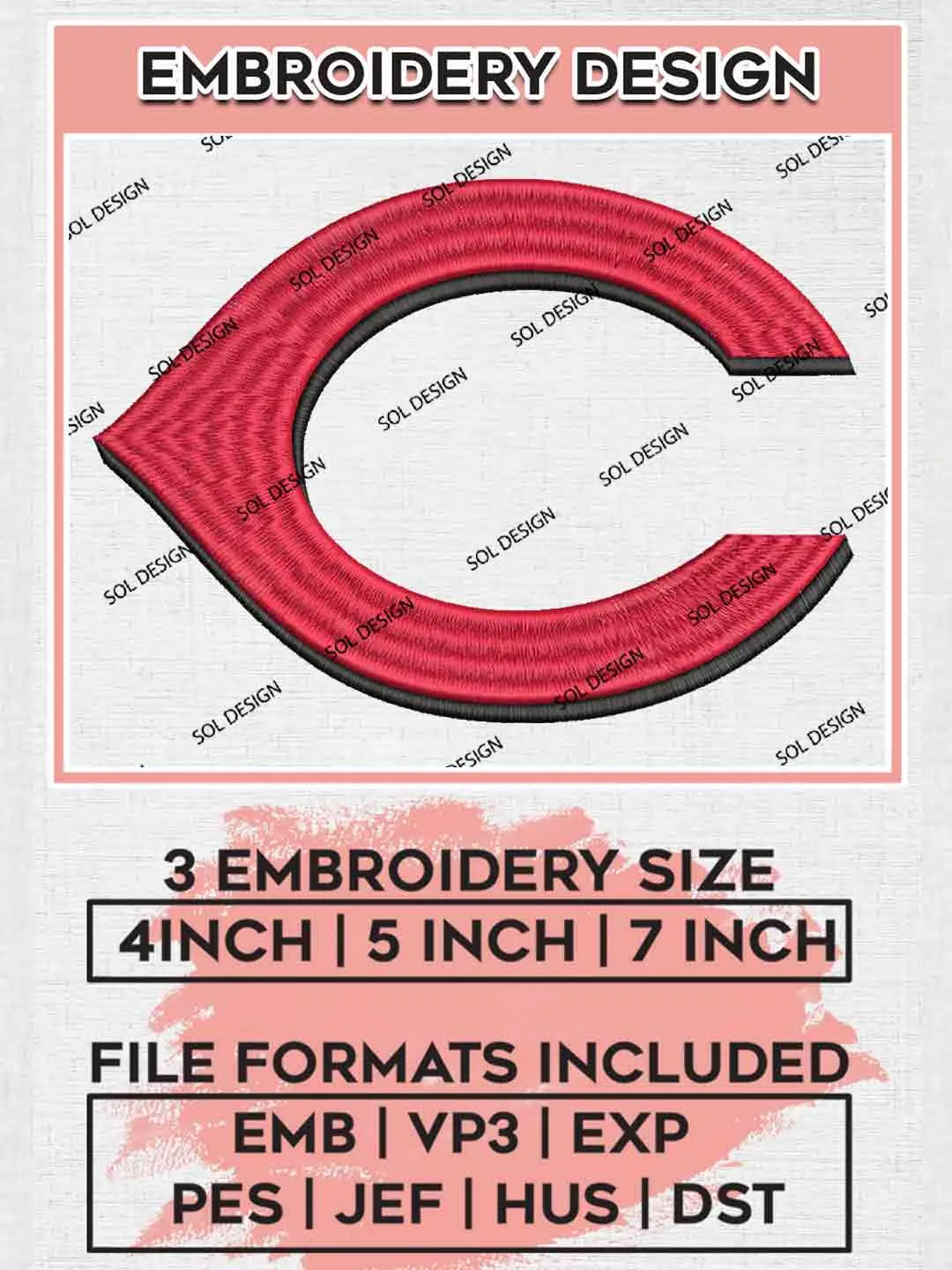 MLB Cincinnati Reds Letter C Logo Embroidery Files, MLB Cincinnati Reds Team Embroidery, MLB Teams, 3 sizes, MLB Reds Machine embroidery designs, Digital Download