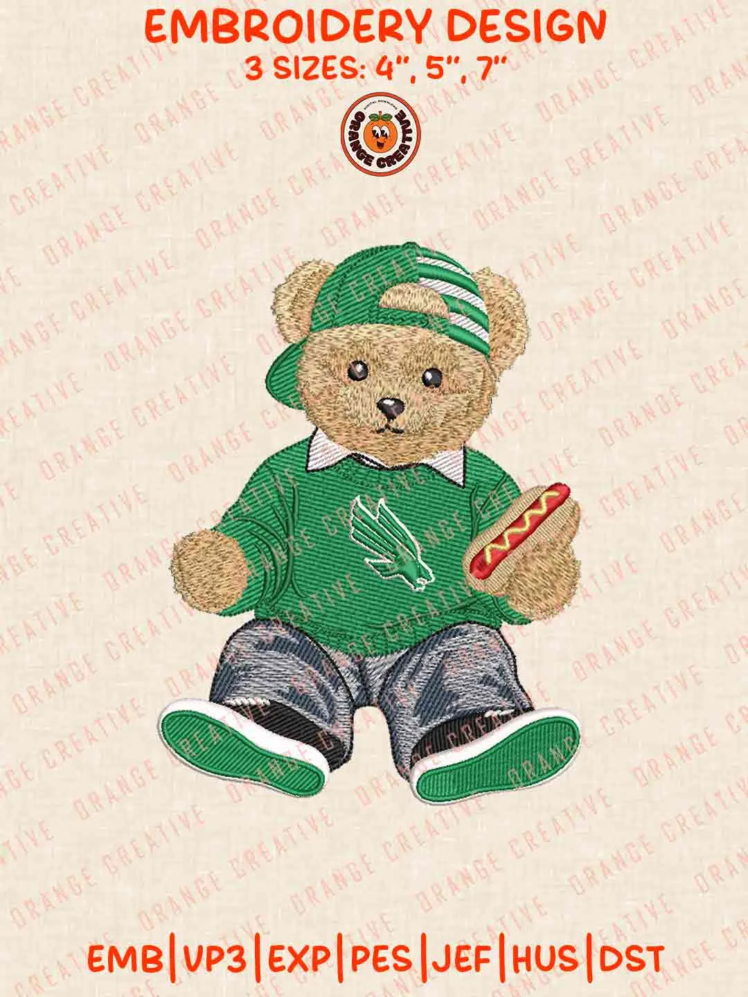 North Texas Mean Green Teddy Bear Logo Embroidery Design, NCAA North Texas Mean Green Team Machine Embroidery Digitized Pes File, 4 Sizes, Custom Size, Instant Download