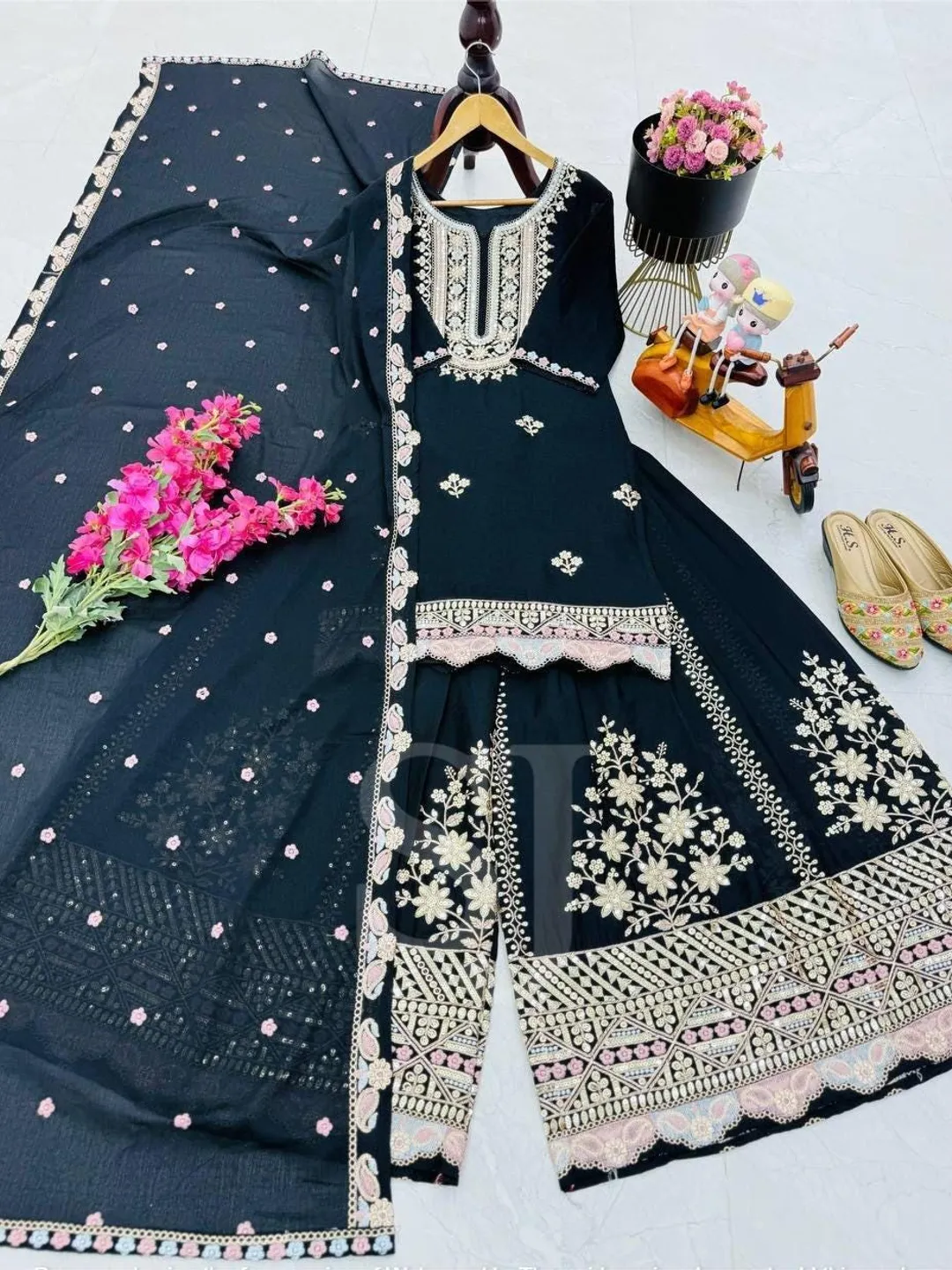 Black Salwar Kameez Readymade Suit Set, Indian Designer Black Salwar Suit, 3 Piece Silk Suit, Kurta Palazzo Dupatta Set, Bollywood Partywear