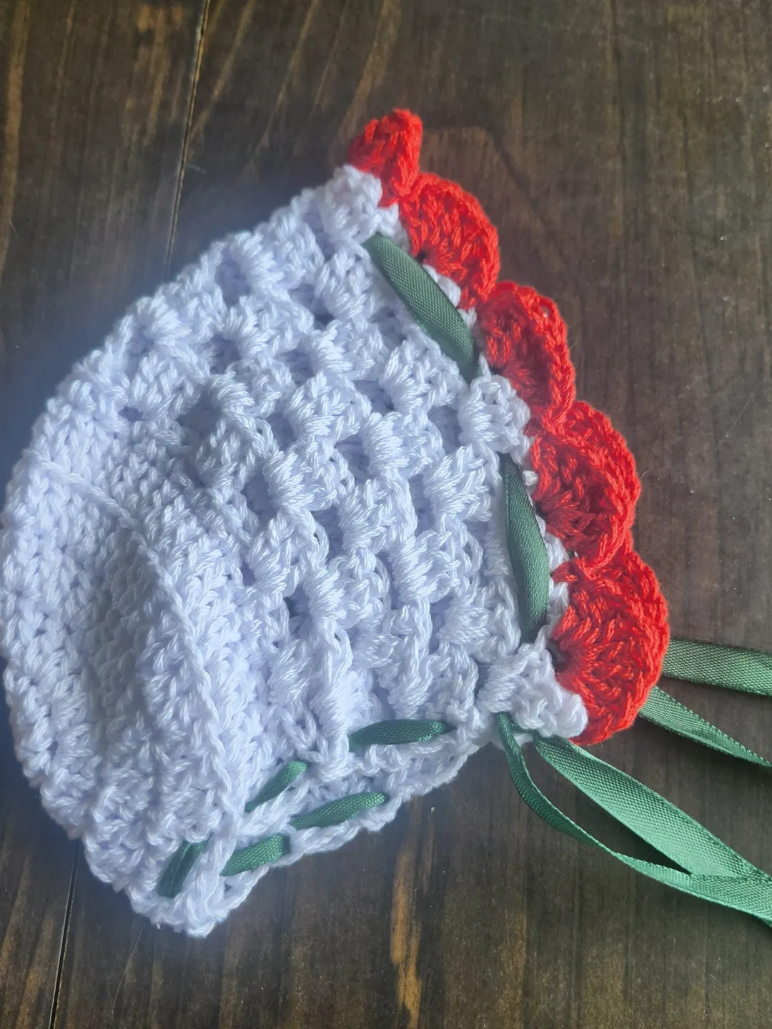 White Crochet Bonnets with Floral Trim Newborn to 6 months