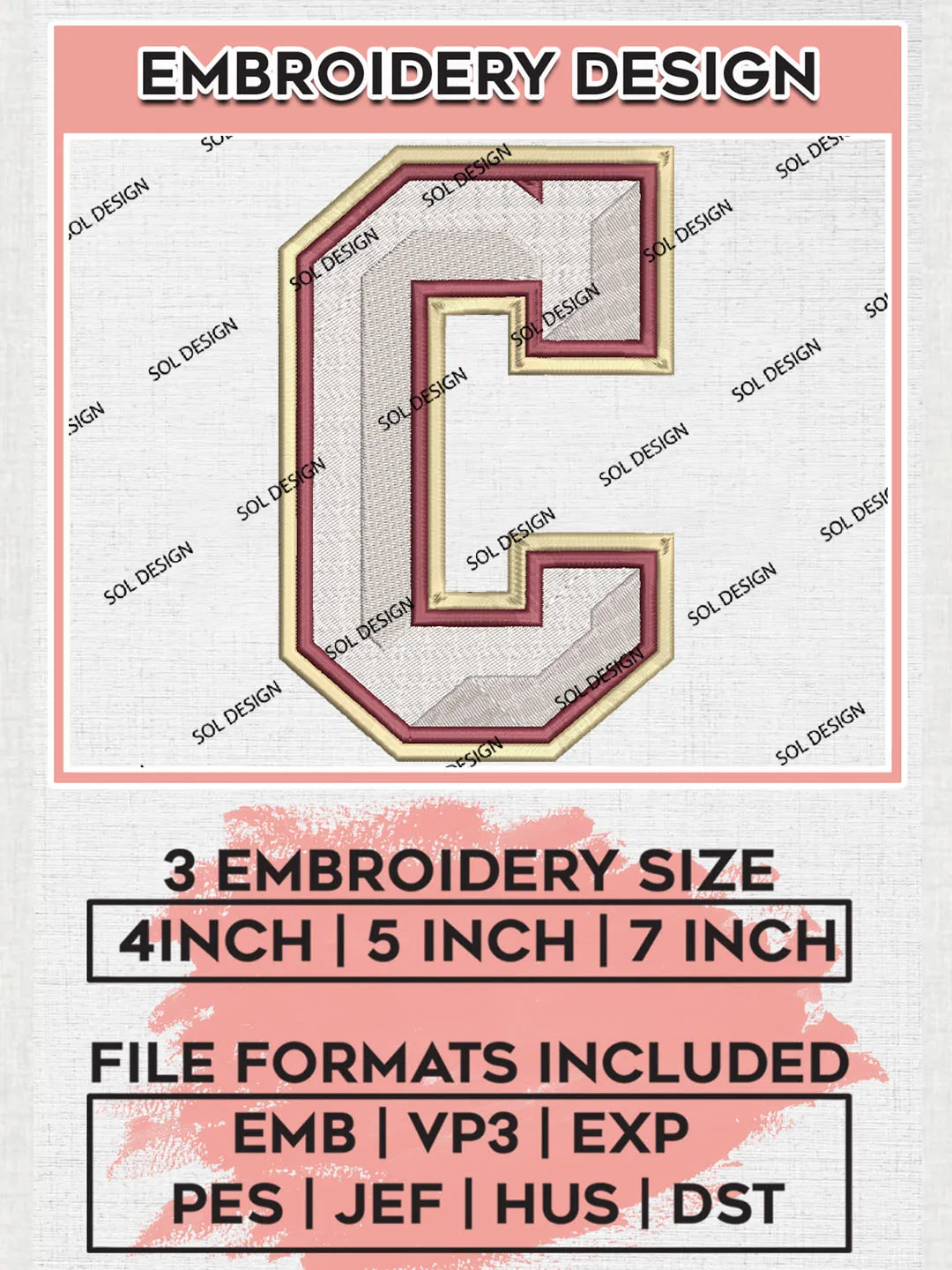NCAA Charleston Cougars Football Team Letter Logo Embroidery Design Files, NCAA Charleston Cougars Machine Embroidery, NCAA Teams, Game Day, 3 sizes, NCAA Machine embroidery designs, Digital Download