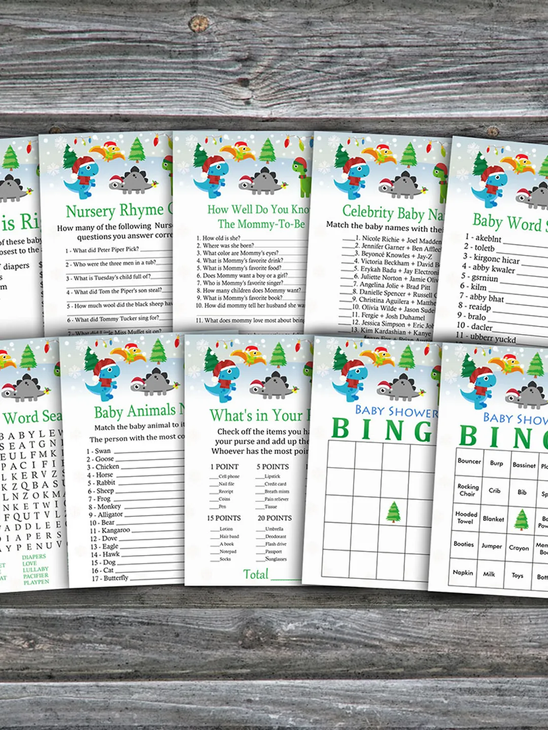 Christmas dinosaur baby shower games bundle,Christmas Baby Shower games package,Fun Baby Shower Games,9 Printable Games