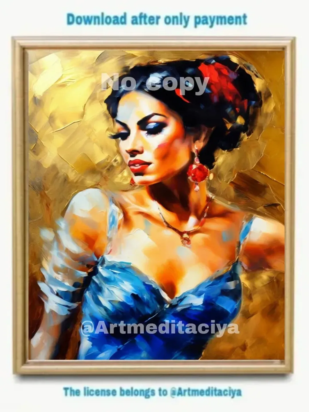 Digital abstract texture painting "Dancing Carmen" in the style of oil painting with a palette knife on an abstract gold background. This is the image of a dynamic Spanish brunette with fluffy eyelashes, in a blue dress, with red earrings and a flower in