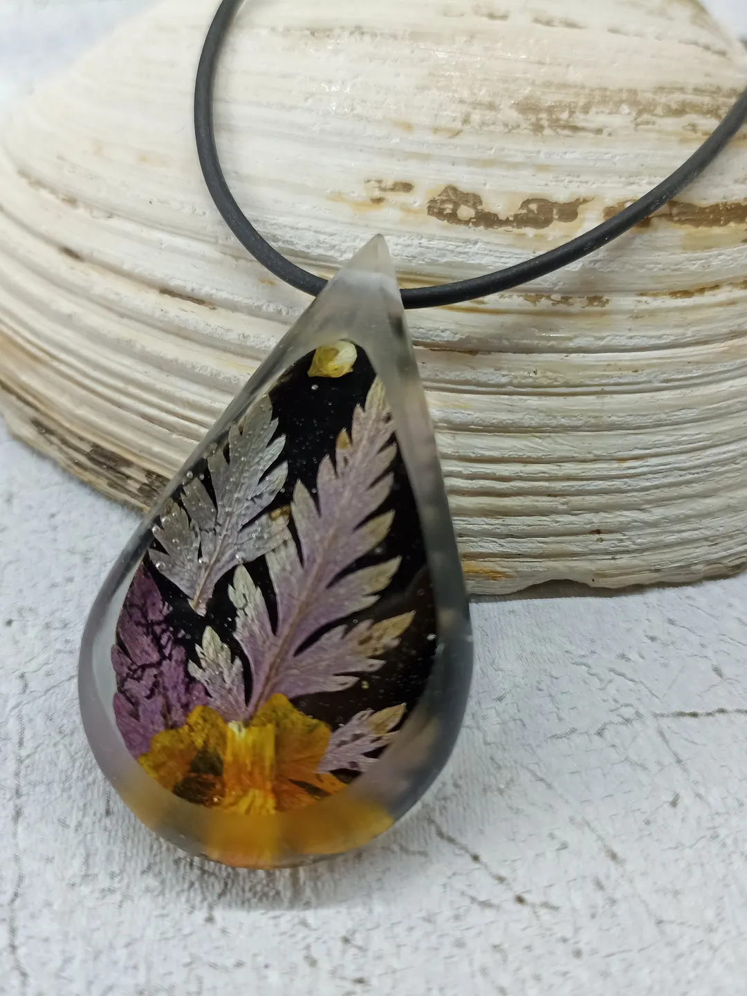 Resin and flower purple pendant Real fern leaf drop charm necklace