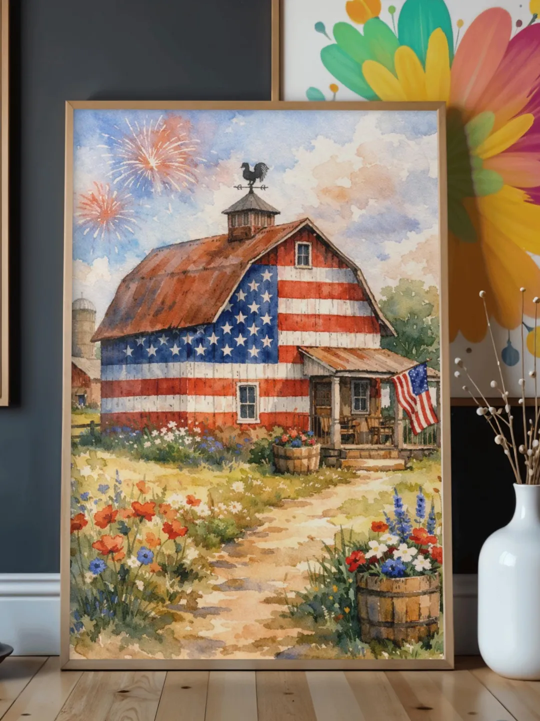 Patriotic Barn Wall Art, 4th of July Watercolor Print, American Flag ...