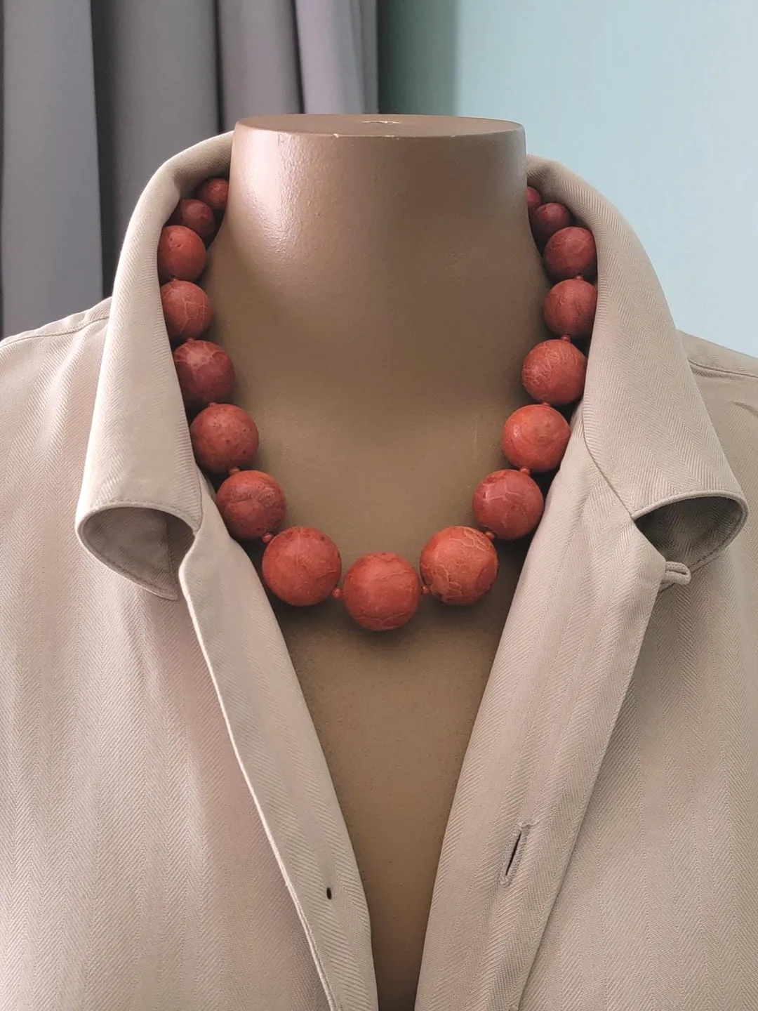 Coral Beaded Necklace, Sponge Coral Handmade Natural Coral Artist Statement Adjustable Sterling Silver Big 25mm Round Beads Chunky Coral