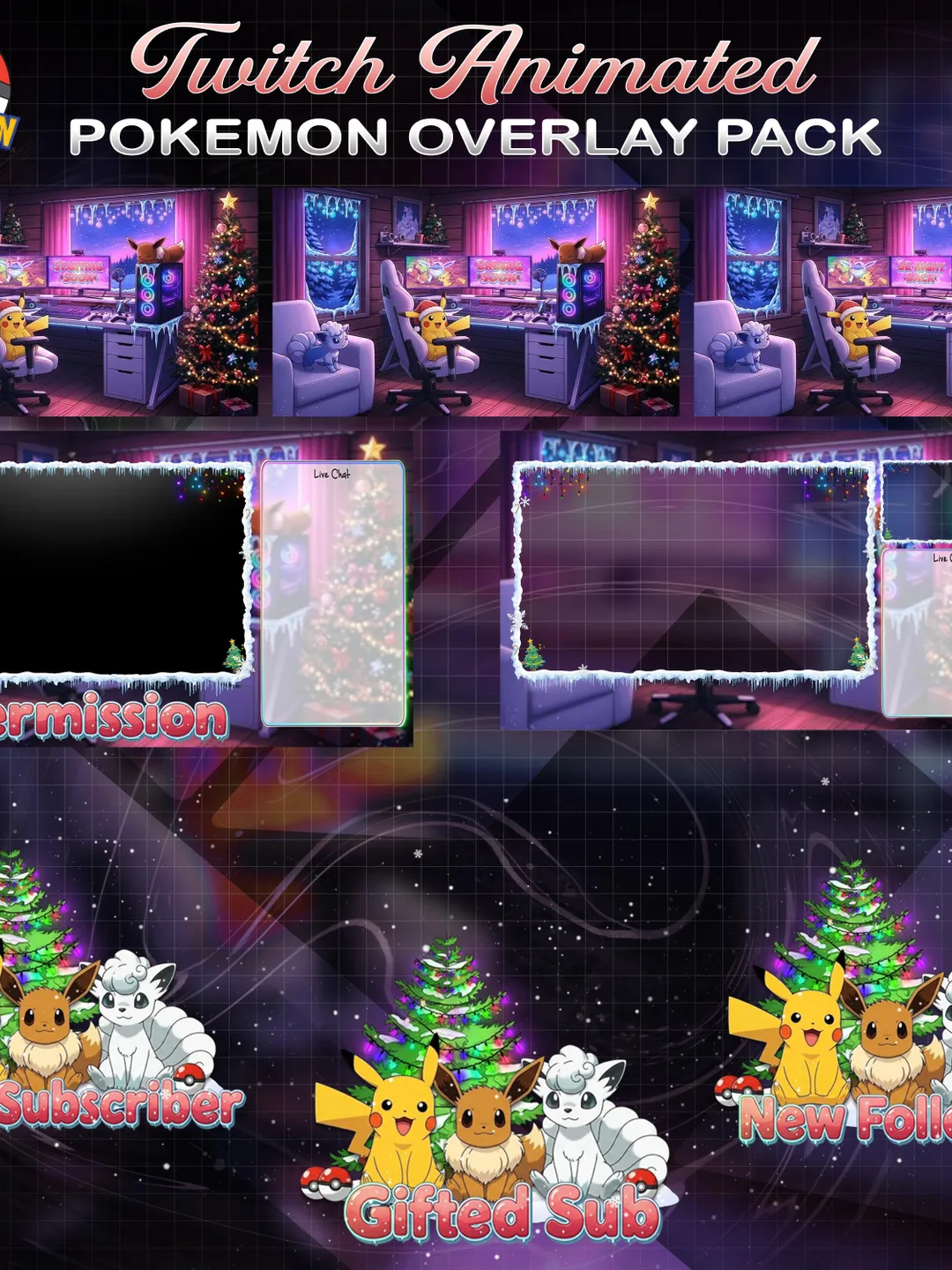 Animated Pokémon Twitch Overlay Pack | Cozy Winter Stream Screens ...