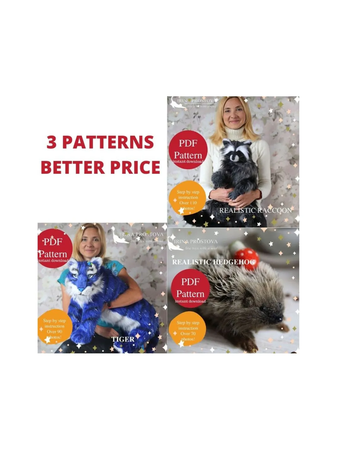 Raccoon, Tiger and hedgehog  sewing pattern plush toy | instruction how to sew | Stuffed Animal Sewing Tutorial