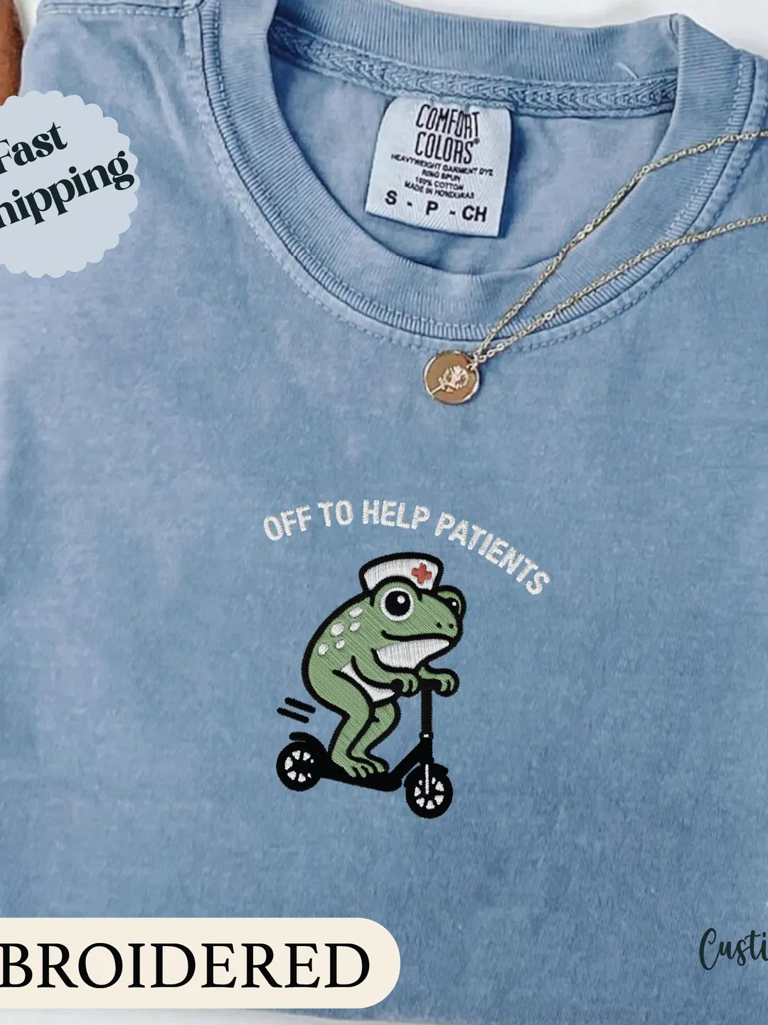 Comfort Colors Funny Nurse T-Shirt, Embroidered Unisex Garment-Dyed Tee, Funny Frog Off to Help Patients Shirt, Nursing Humor, RN, LPN, NP