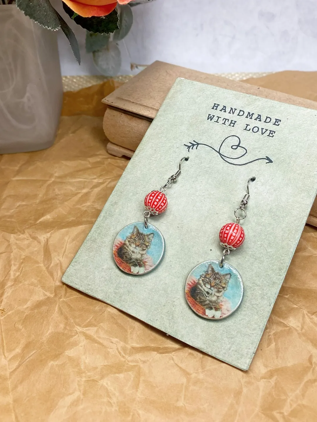 Handmade earrings. Earrings with beads. Handmade. Author's design. Earrings with images of cats.