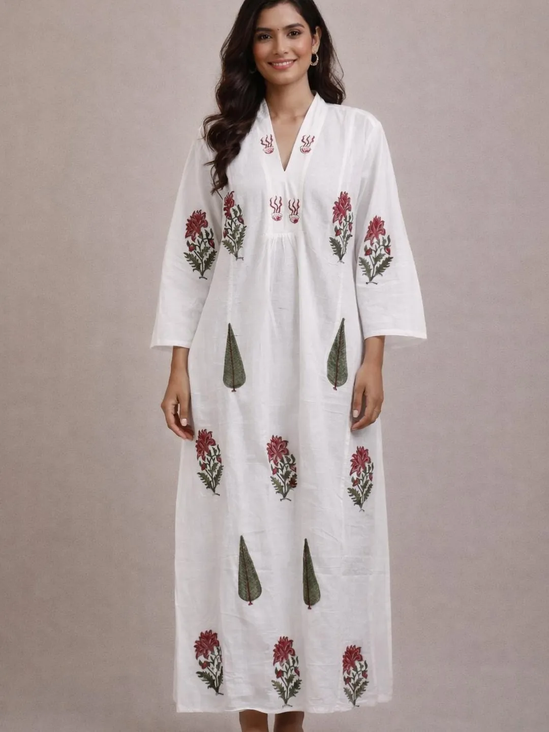 Hand Block Printed Cotton Maxi Dress, White Floral Indian Kurta, Boho  Resort Wear
