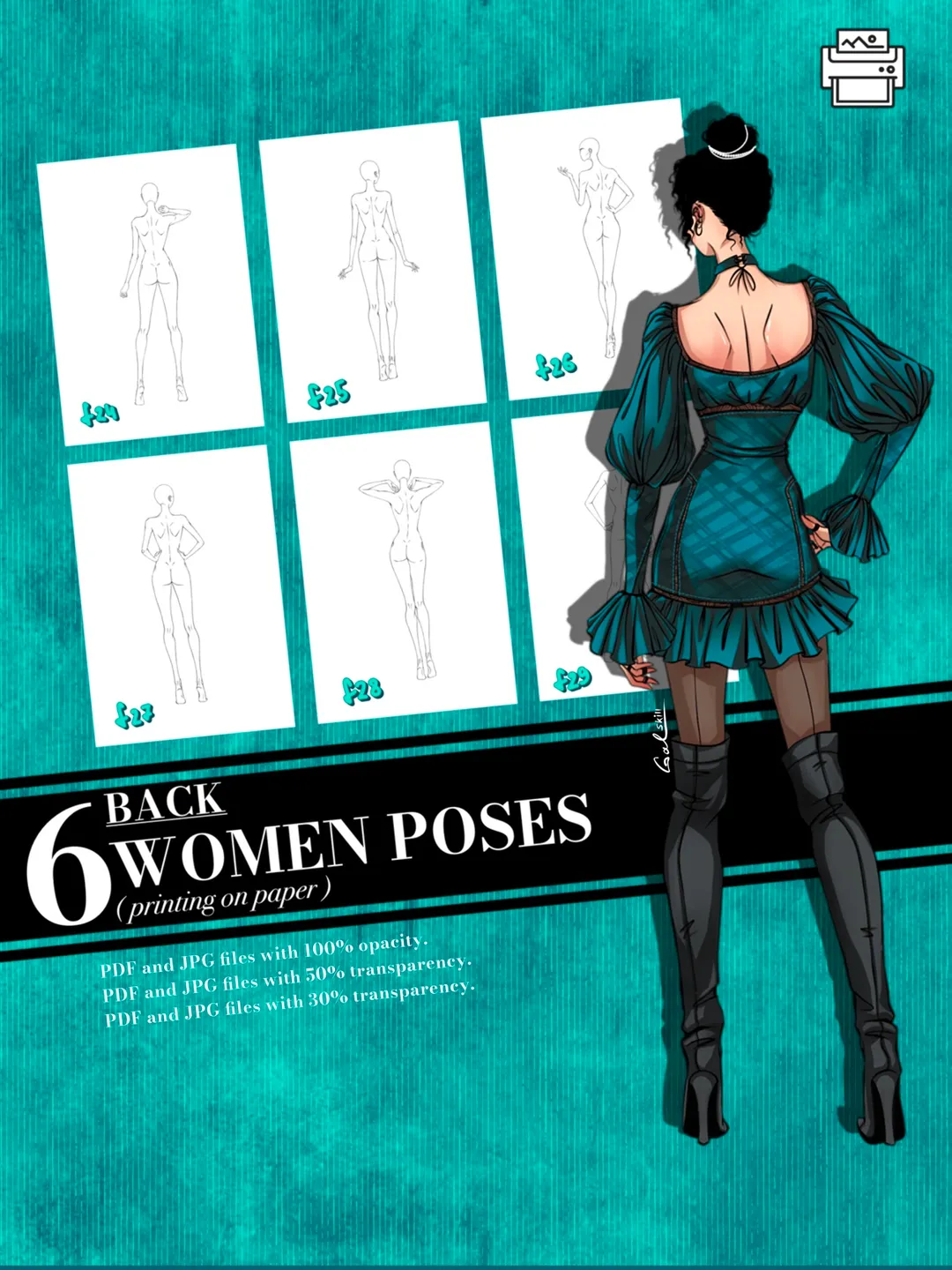 Templates, Body poses of female figure, set "Back"
