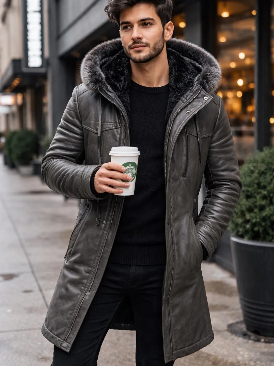 Men's Black Hooded Overcoat – Wool Winter Long Coat – Elegant