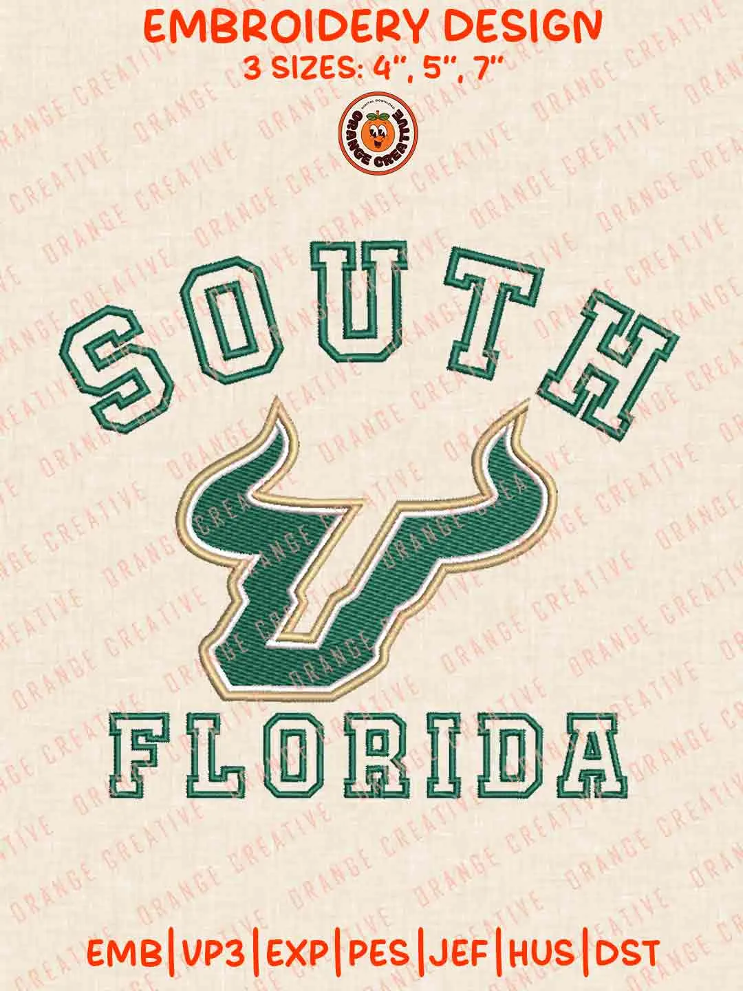 South Florida Logo Embroidery Design, NCAA South Florida Bulls Team Machine Embroidery Digitized Pes File, 4 Sizes, Custom Size, Instant Download