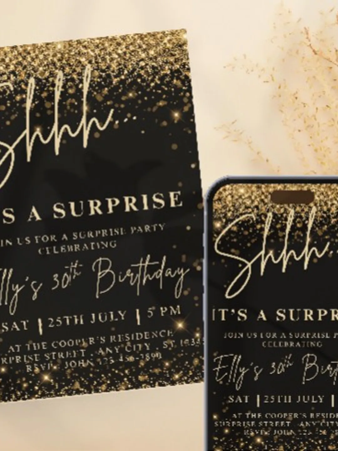 Surprise Birthday Invitation Editable Template – Black Gold Glitter Party Invite Digital Download